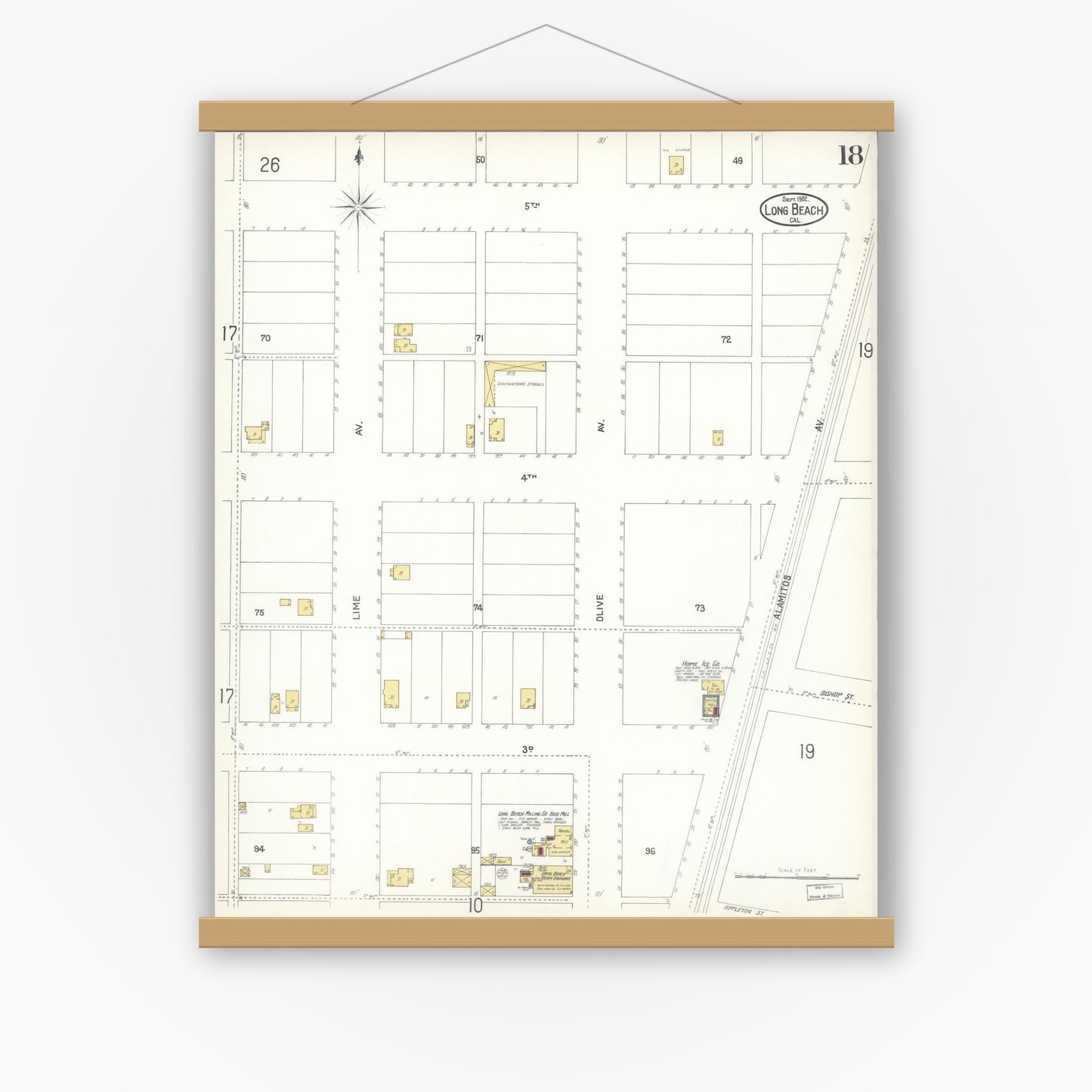 Old map wall art mockup — magnetic wood frame on white wall — Sanborn Fire Insurance Map from Long Beach, Los Angeles County, California (1902), Sheet #0018
