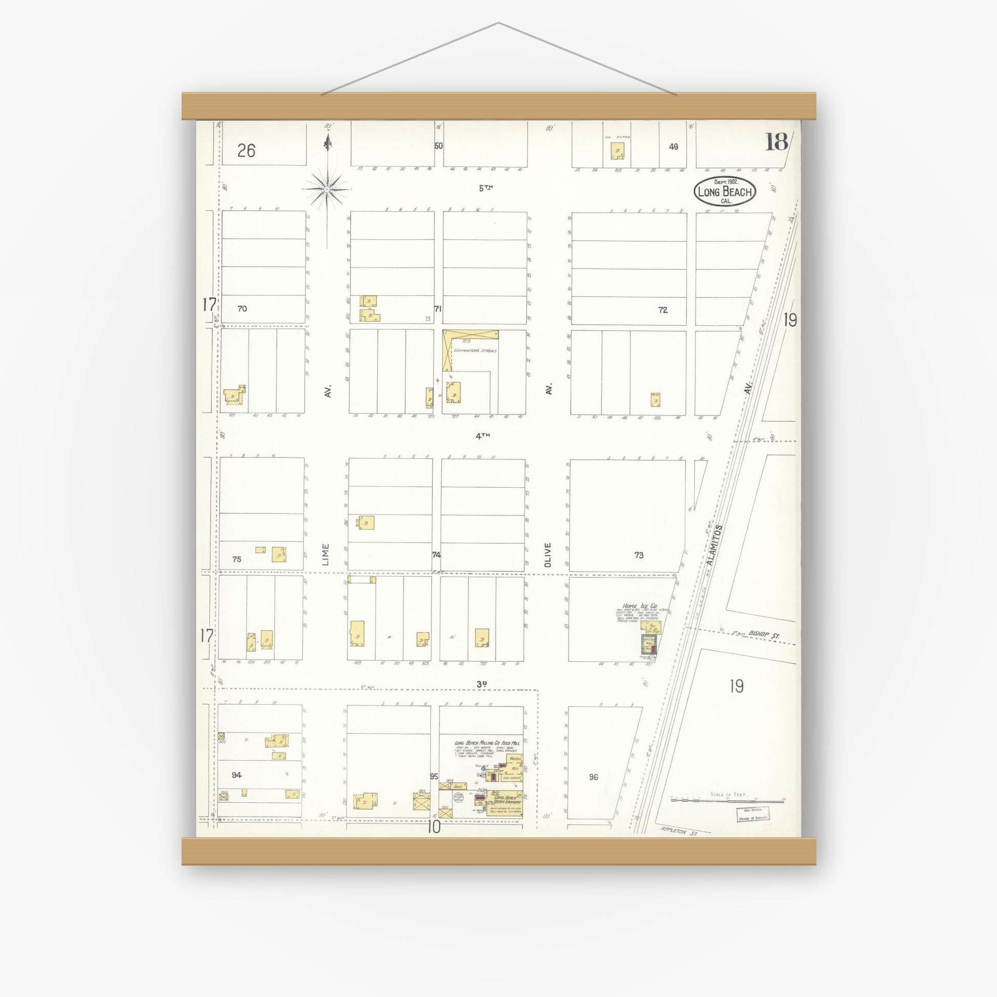 Old map wall art mockup — magnetic wood frame on white wall — Sanborn Fire Insurance Map from Long Beach, Los Angeles County, California (1902), Sheet #0018