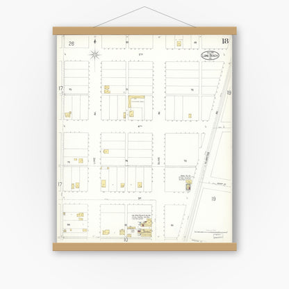 Old map wall art mockup — magnetic wood frame on white wall — Sanborn Fire Insurance Map from Long Beach, Los Angeles County, California (1902), Sheet #0018