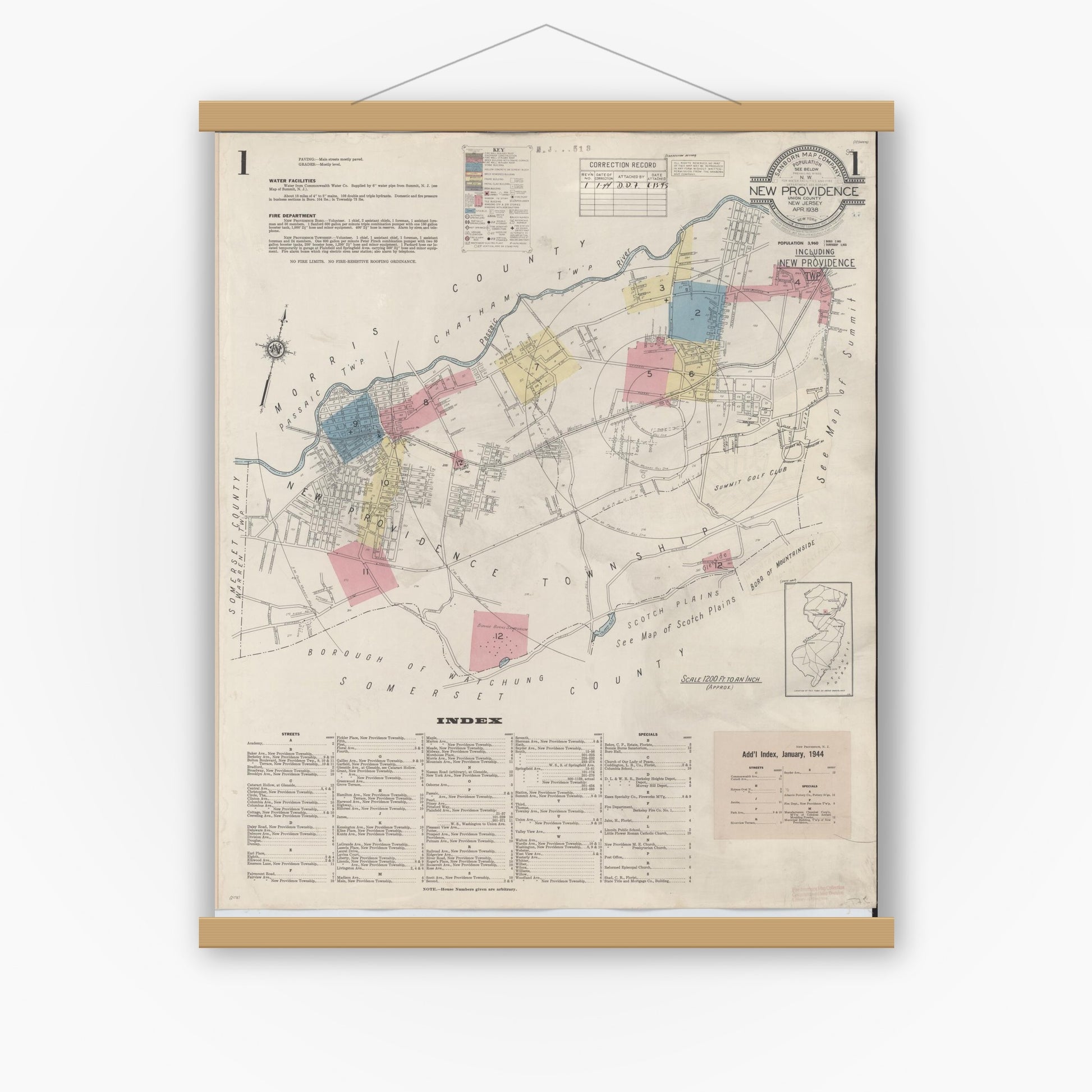 Old map wall art mockup — magnetic wood frame on white wall — Sanborn Fire Insurance Map from New Providence, Union County, New Jersey (1944), Sheet #0001