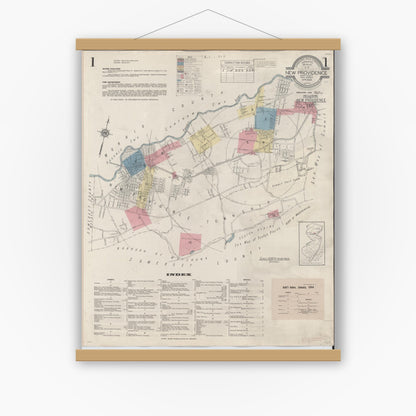Old map wall art mockup — magnetic wood frame on white wall — Sanborn Fire Insurance Map from New Providence, Union County, New Jersey (1944), Sheet #0001