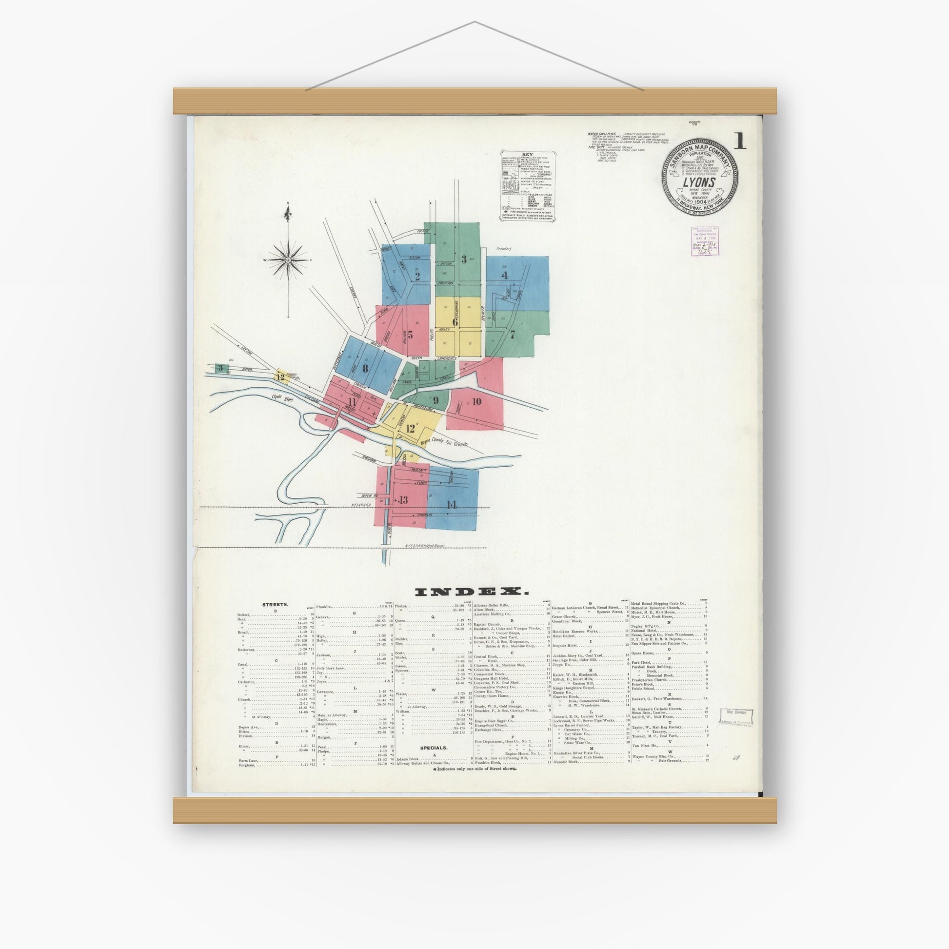 Old map wall art mockup — magnetic wood frame on white wall — Sanborn Fire Insurance Map from Lyons, Wayne County, New York (1904) - Complete Map Set