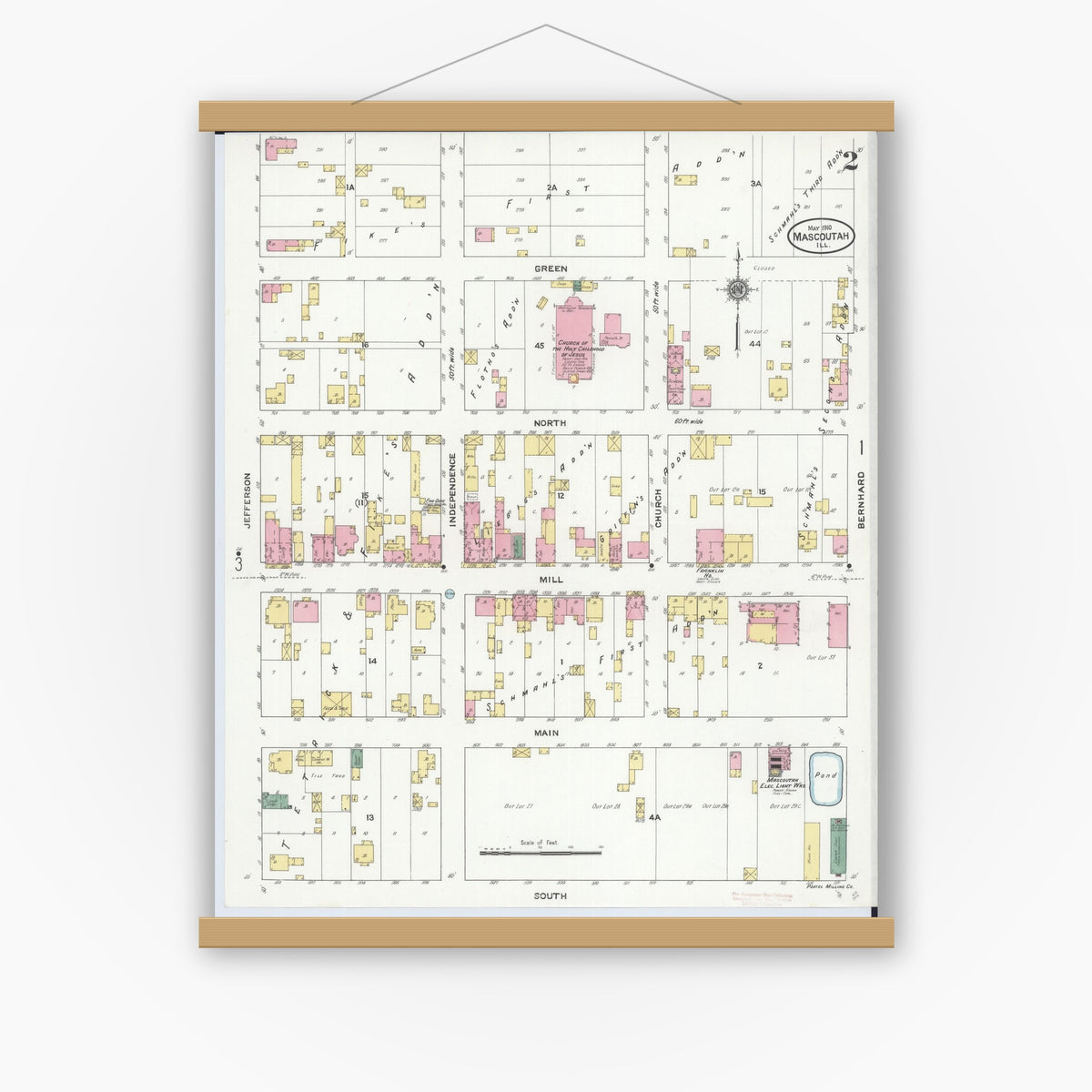 Old map wall art mockup — magnetic wood frame on white wall — Sanborn Fire Insurance Map from Mascoutah, Saint Clair County, Illinois (1910), Sheet #0002