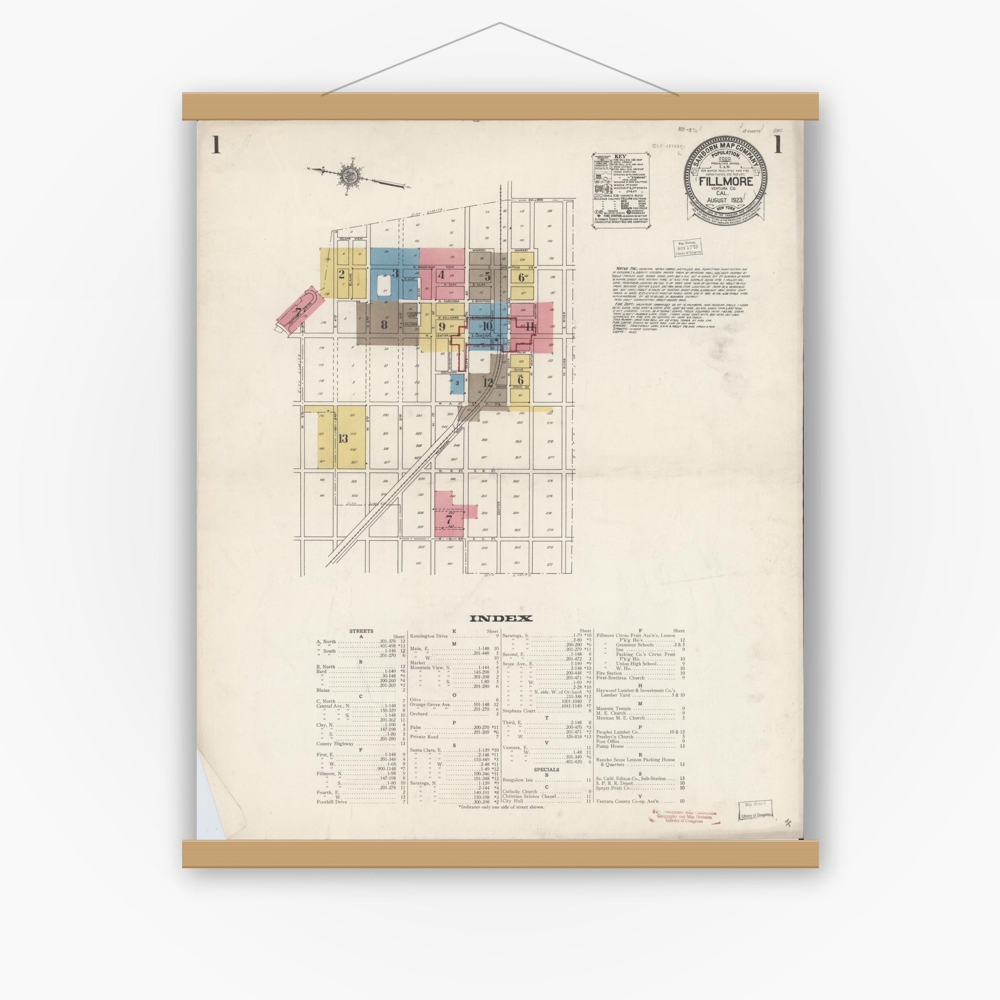 Old map wall art mockup — magnetic wood frame on white wall — Sanborn Fire Insurance Map from Fillmore, Ventura County, California (1923) - Complete Map Set