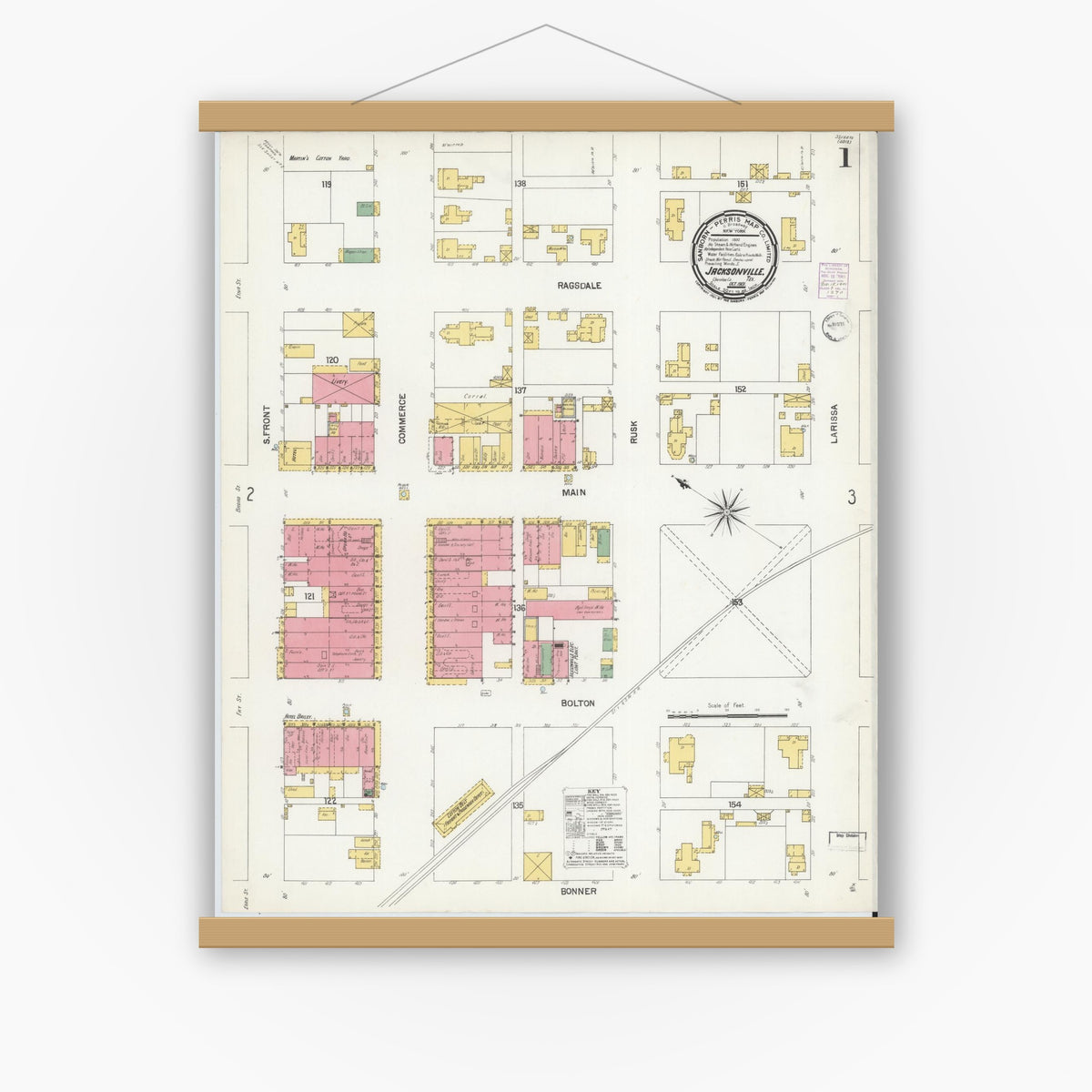 Old map wall art mockup — magnetic wood frame on white wall — Sanborn Fire Insurance Map from Jacksonville, Cherokee County, Texas (1901) - Complete Map Set