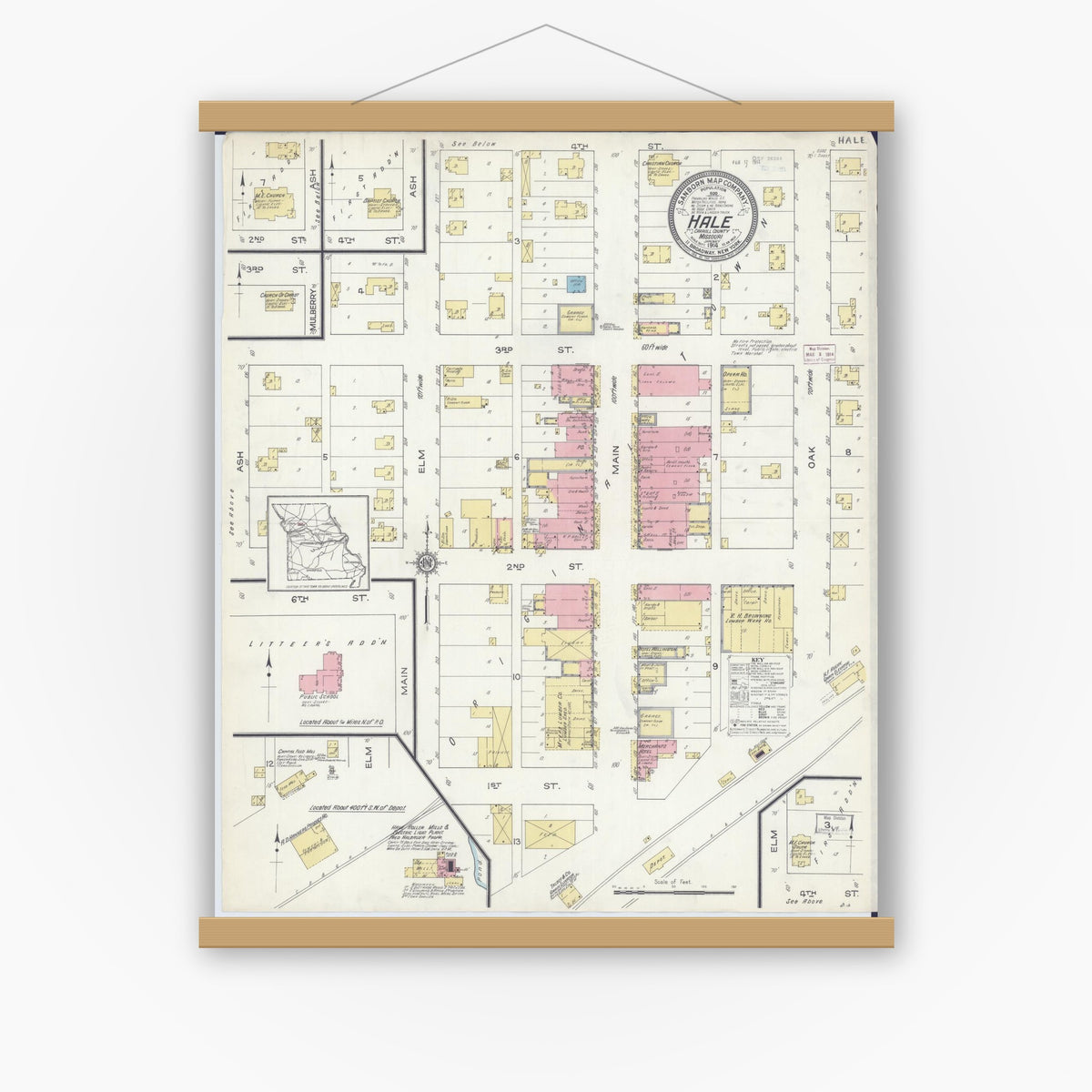 Old map wall art mockup — magnetic wood frame on white wall — Sanborn Fire Insurance Map from Hale, Carroll County, Missouri (1914), Sheet #0001