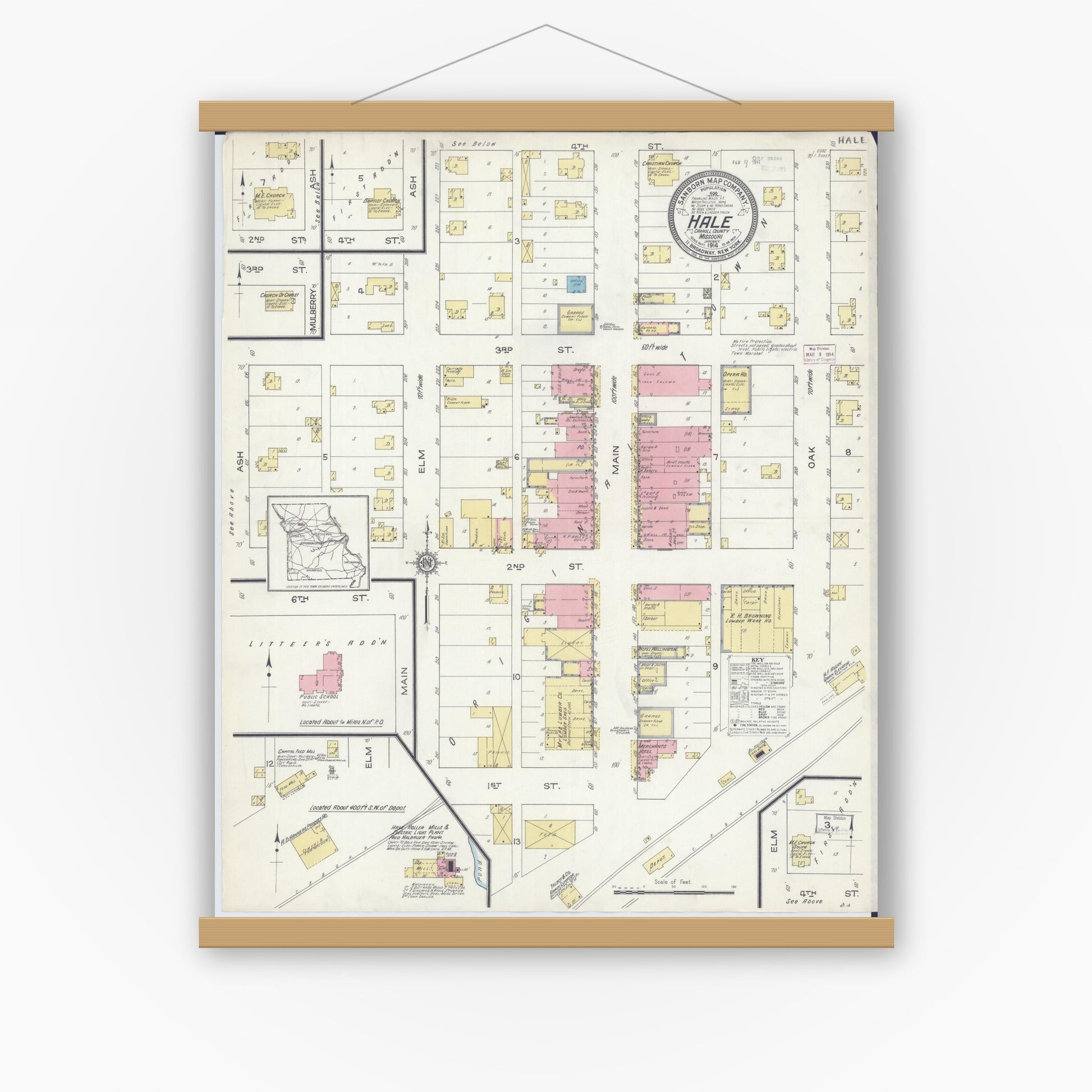 Old map wall art mockup — magnetic wood frame on white wall — Sanborn Fire Insurance Map from Hale, Carroll County, Missouri (1914), Sheet #0001
