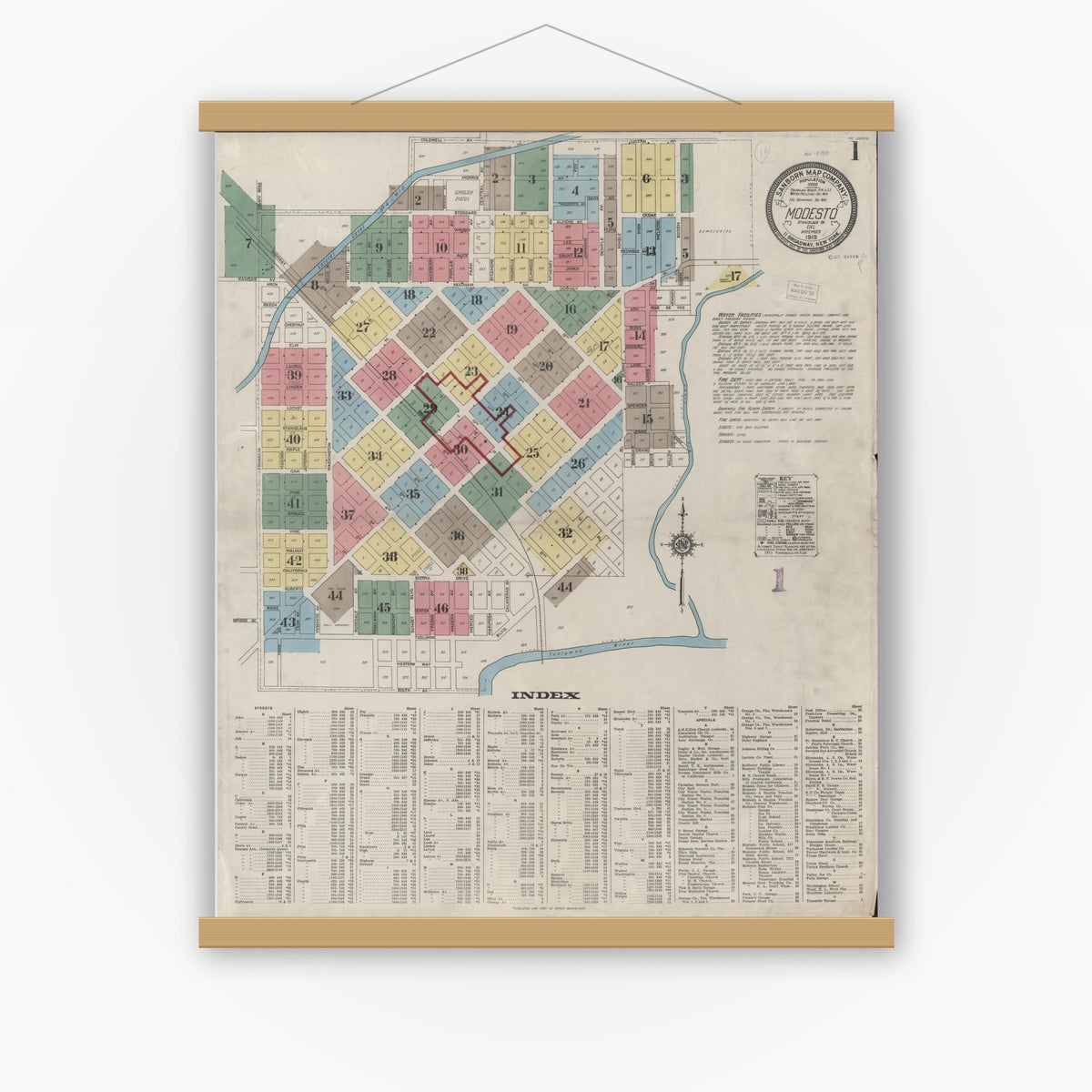Old map wall art mockup — magnetic wood frame on white wall — Sanborn Fire Insurance Map from Modesto, Stanislaus County, California (1919) - Complete Map Set