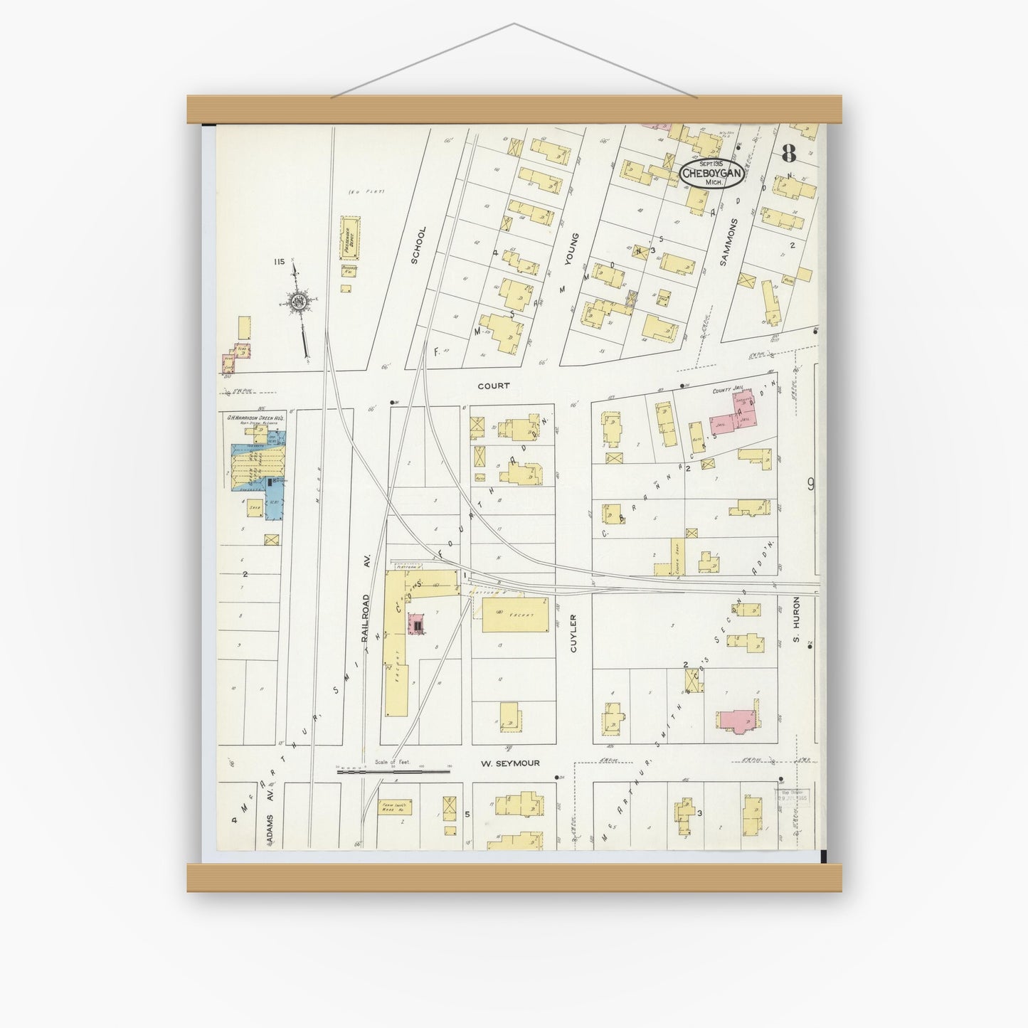 Old map wall art mockup — magnetic wood frame on white wall — Sanborn Fire Insurance Map from Cheboygan, Cheboygan County, Michigan (1915), Sheet #0008