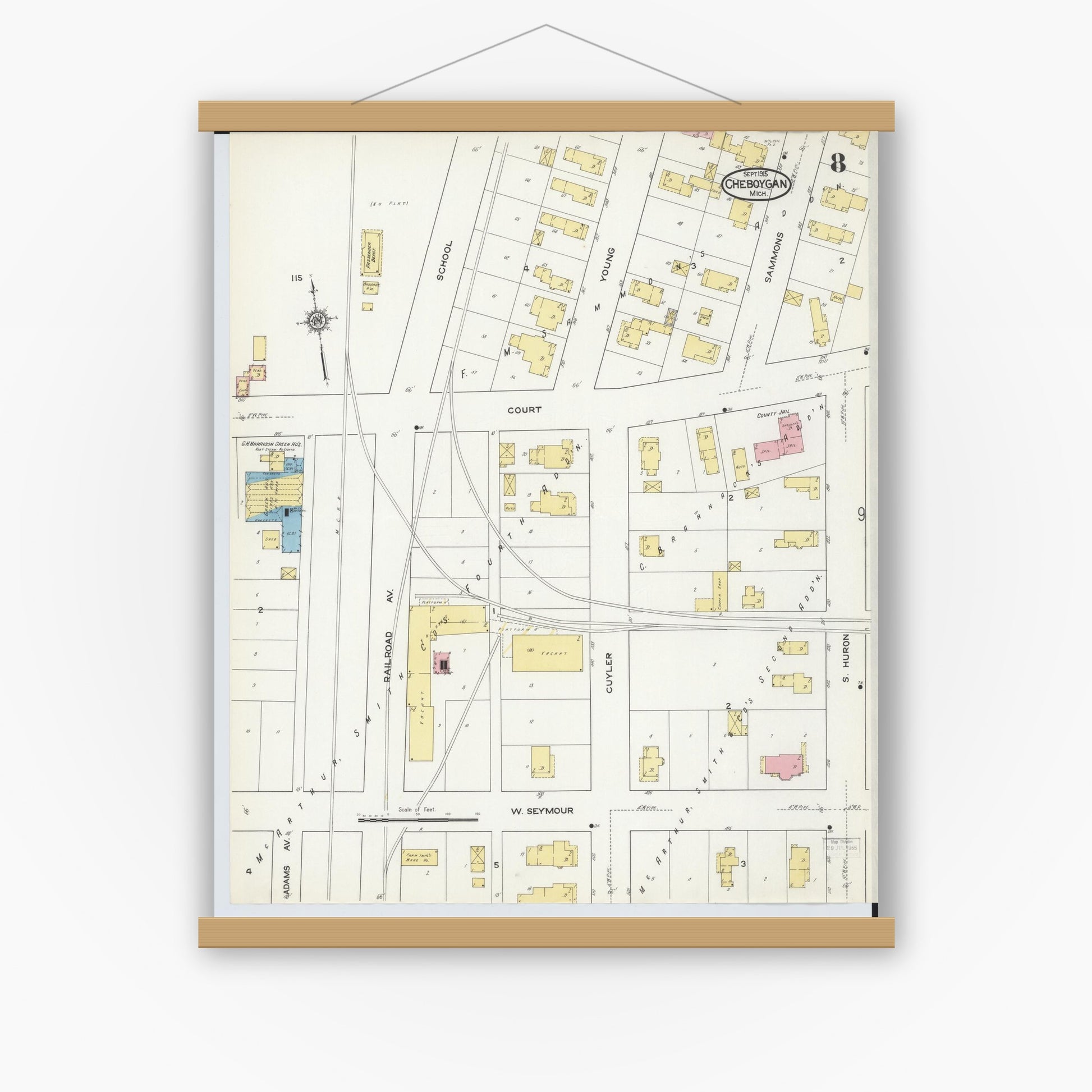 Old map wall art mockup — magnetic wood frame on white wall — Sanborn Fire Insurance Map from Cheboygan, Cheboygan County, Michigan (1915), Sheet #0008