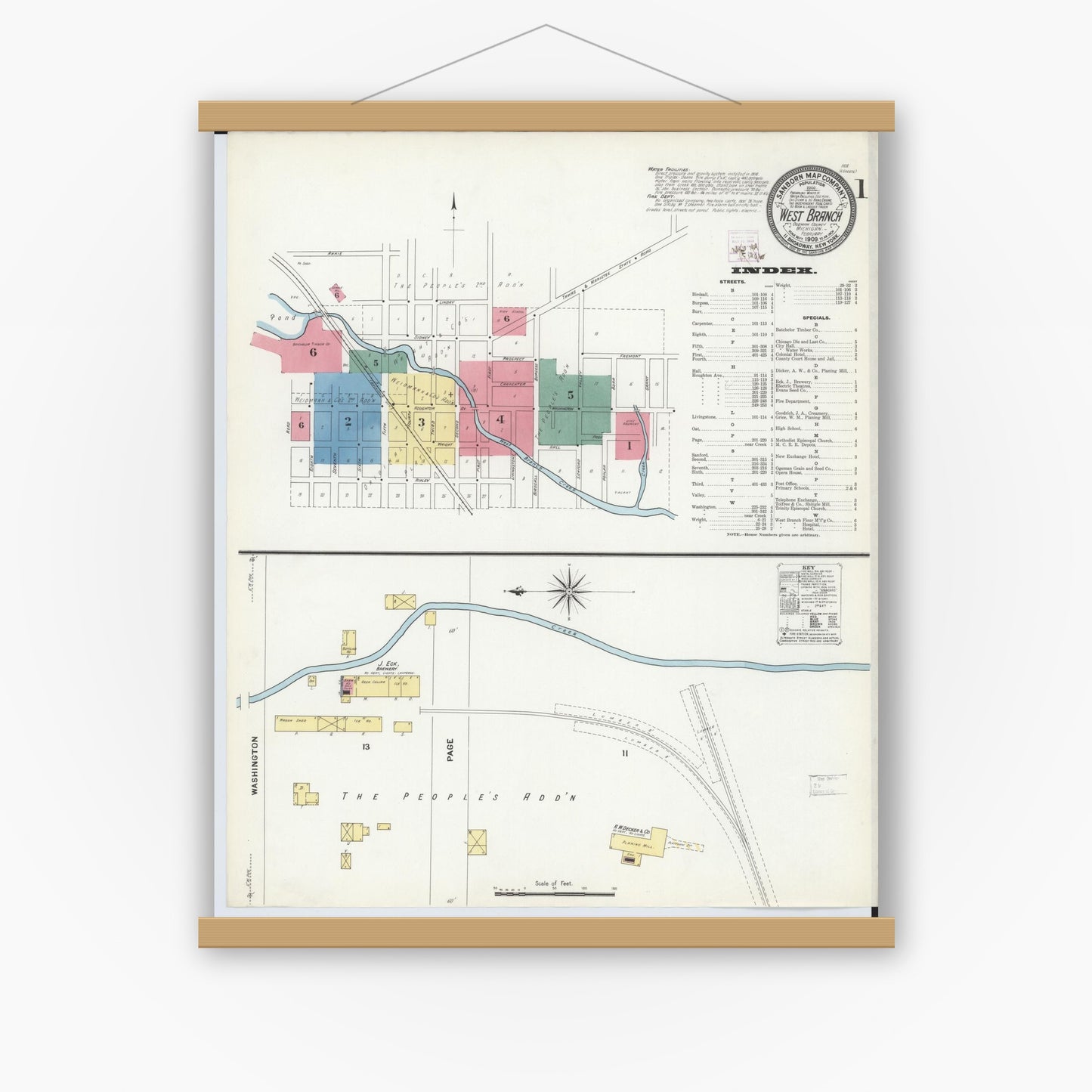 Old map wall art mockup — magnetic wood frame on white wall — Sanborn Fire Insurance Map from West Branch, Ogemaw County, Michigan (1909) - Complete Map Set