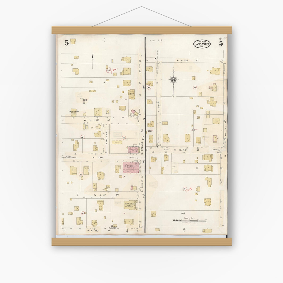 Old map wall art mockup — magnetic wood frame on white wall — Sanborn Fire Insurance Map from Lancaster, Dallas County, Texas (1939), Sheet #0005