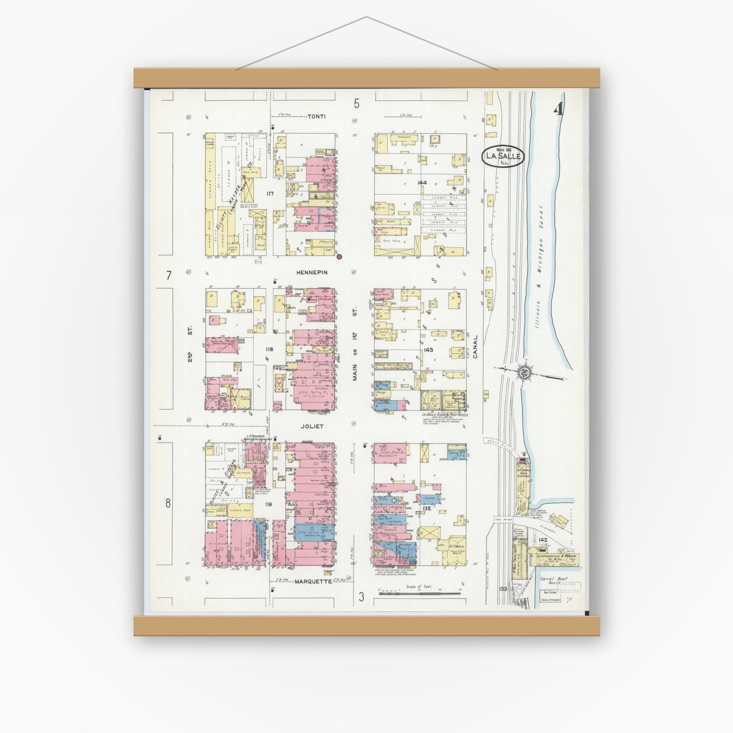 Old map wall art mockup — magnetic wood frame on white wall — Sanborn Fire Insurance Map from La Salle, La Salle County, Illinois (1911), Sheet #0004