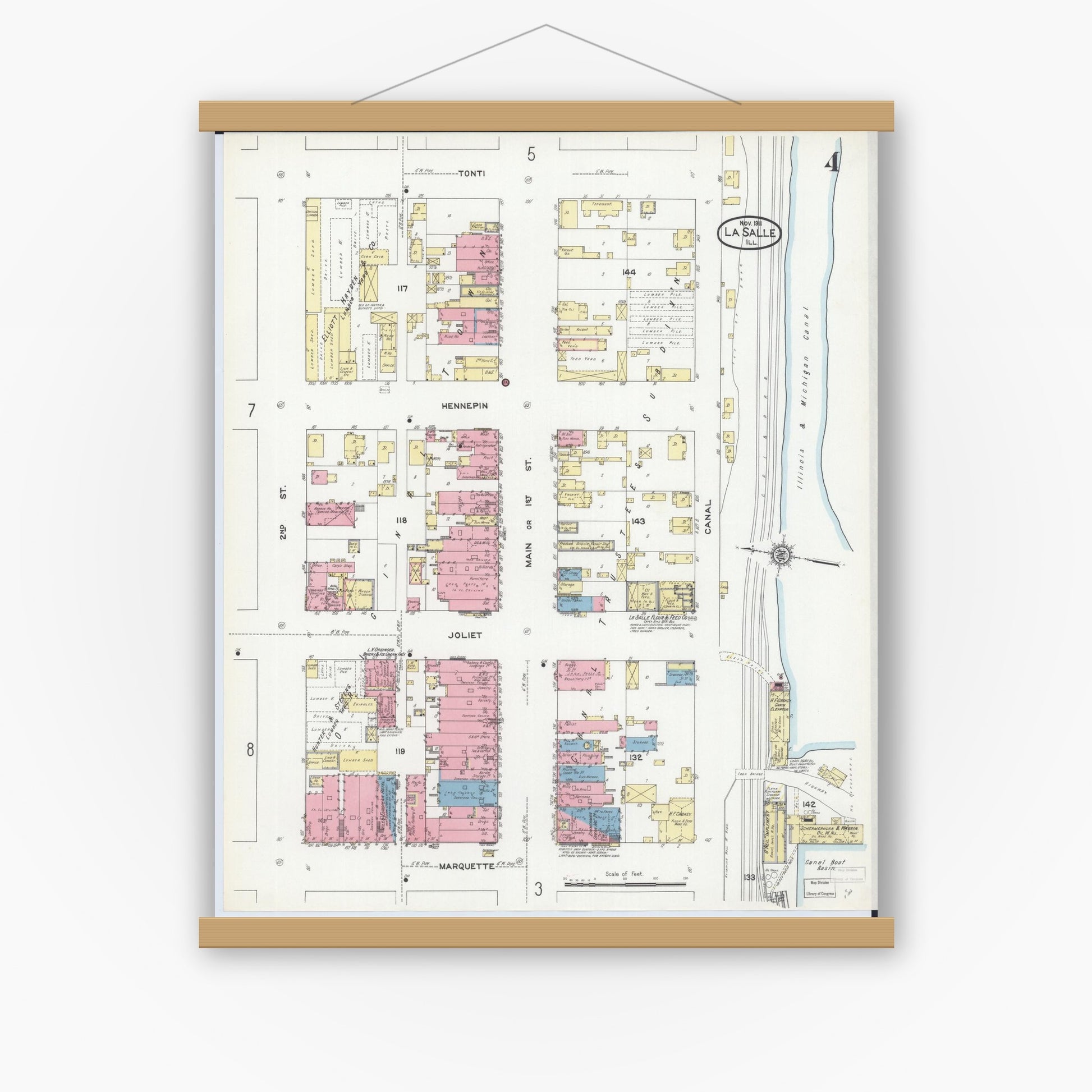Old map wall art mockup — magnetic wood frame on white wall — Sanborn Fire Insurance Map from La Salle, La Salle County, Illinois (1911), Sheet #0004