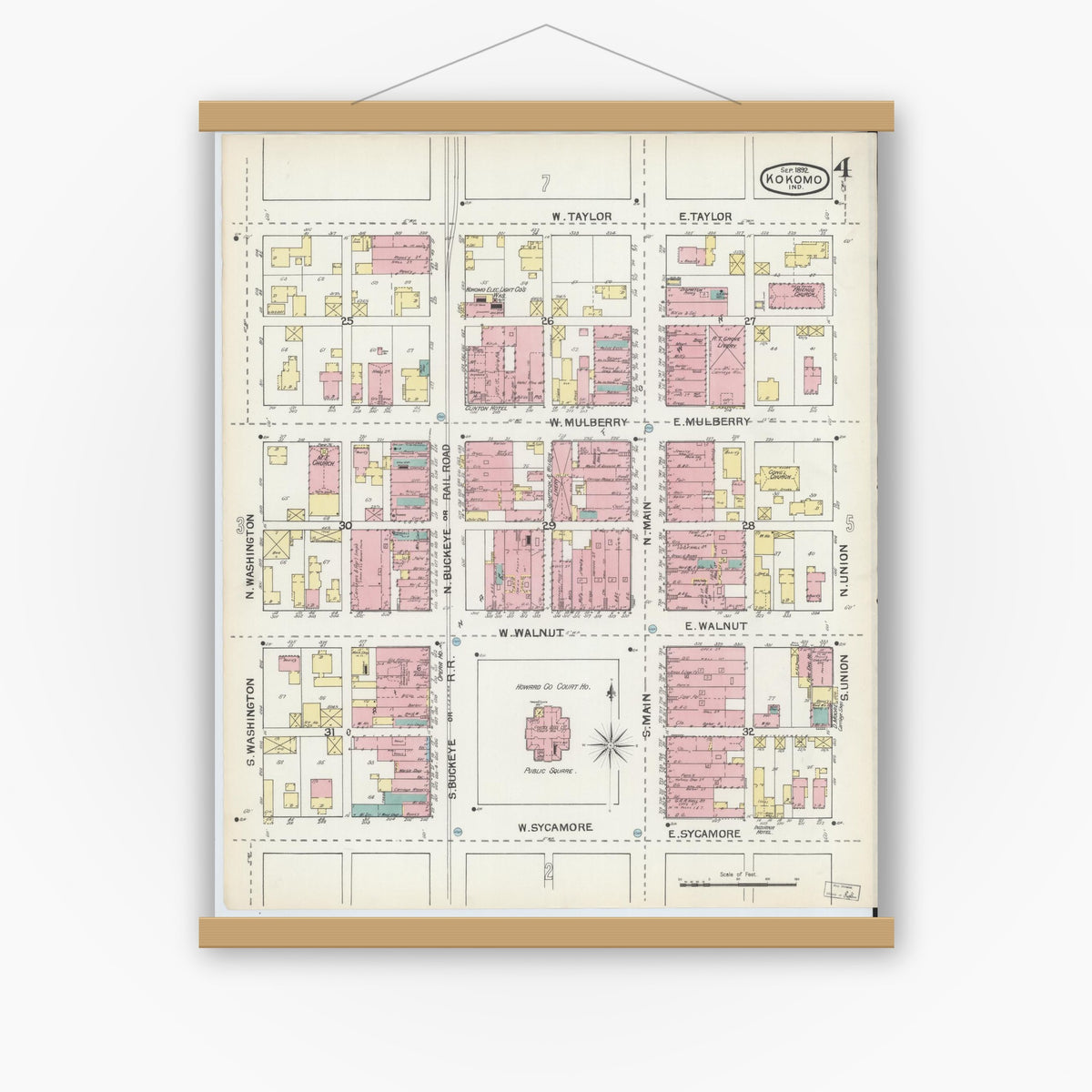 Old map wall art mockup — magnetic wood frame on white wall — Sanborn Fire Insurance Map from Kokomo, Howard County, Indiana (1892), Sheet #0004