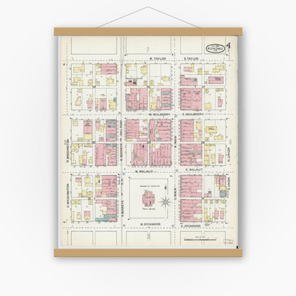 Old map wall art mockup — magnetic wood frame on white wall — Sanborn Fire Insurance Map from Kokomo, Howard County, Indiana (1892), Sheet #0004