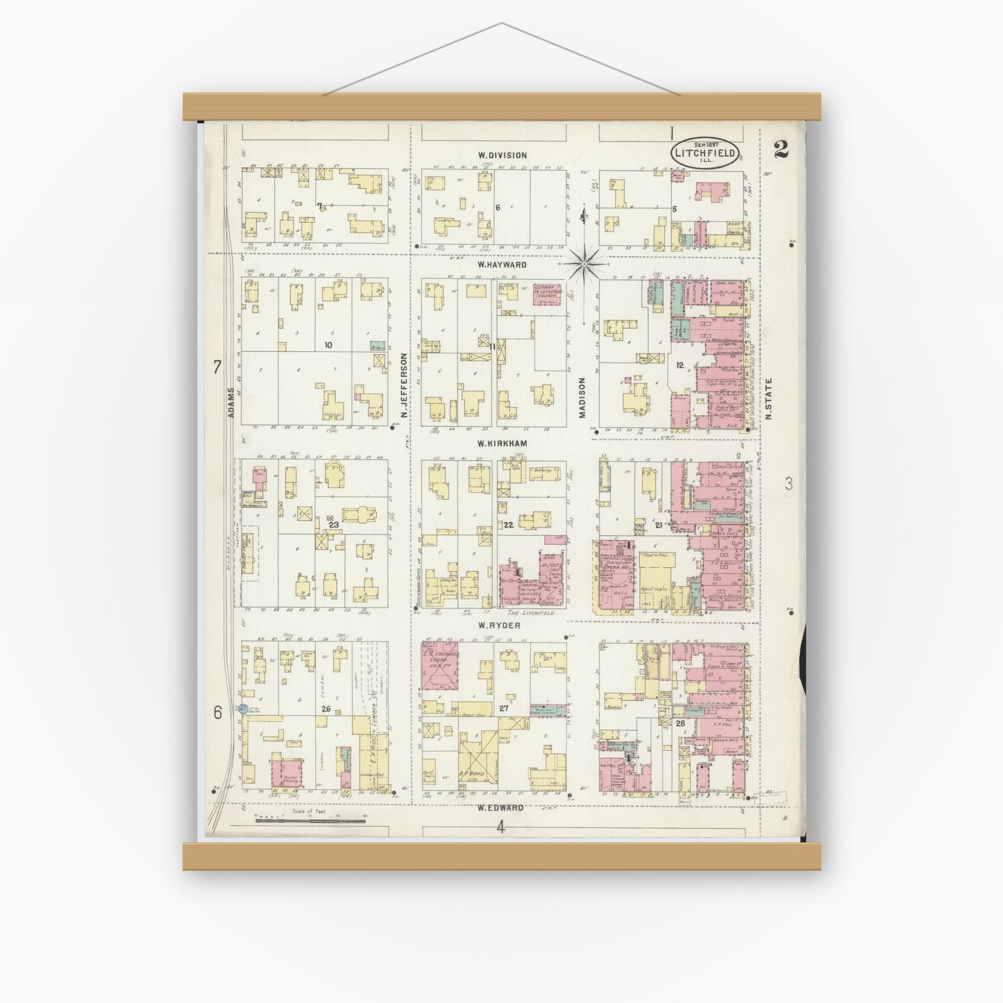Old map wall art mockup — magnetic wood frame on white wall — Sanborn Fire Insurance Map from Litchfield, Montgomery County, Illinois (1897), Sheet #0002