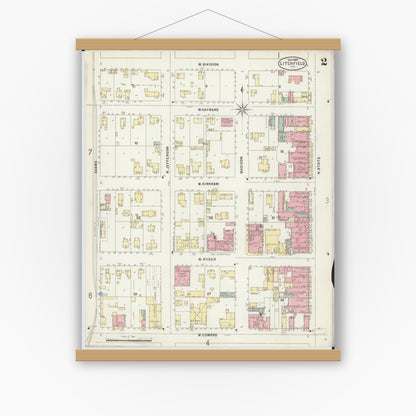 Old map wall art mockup — magnetic wood frame on white wall — Sanborn Fire Insurance Map from Litchfield, Montgomery County, Illinois (1897), Sheet #0002
