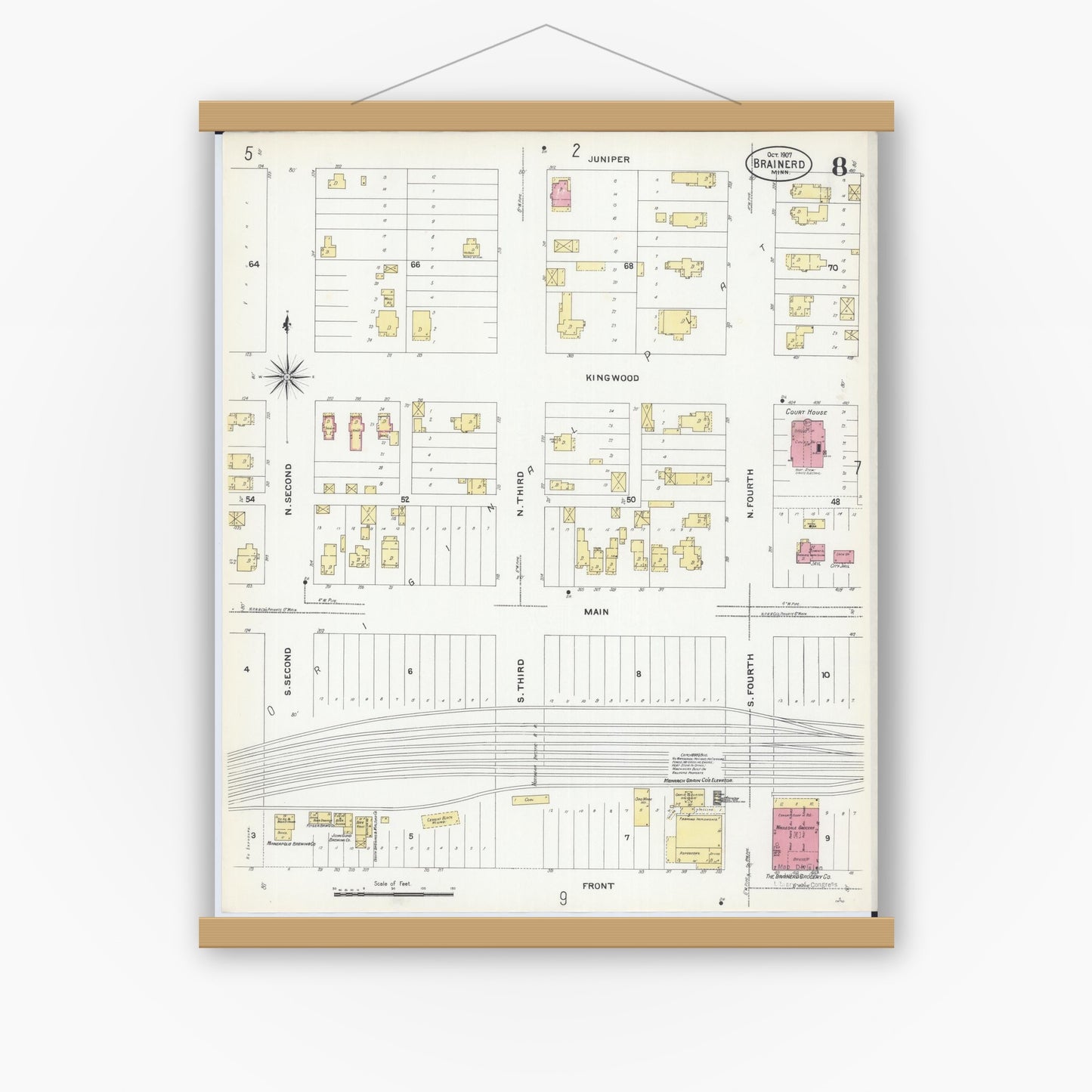 Old map wall art mockup — magnetic wood frame on white wall — Sanborn Fire Insurance Map from Brainerd, Crow Wing County, Minnesota (1907), Sheet #0008