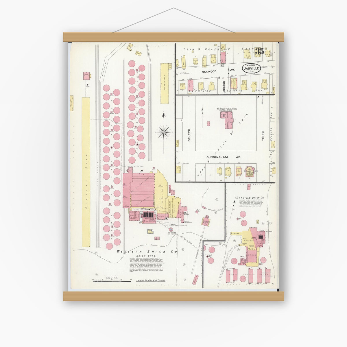 Old map wall art mockup — magnetic wood frame on white wall — Sanborn Fire Insurance Map from Danville, Vermilion County, Illinois (1909), Sheet #0035