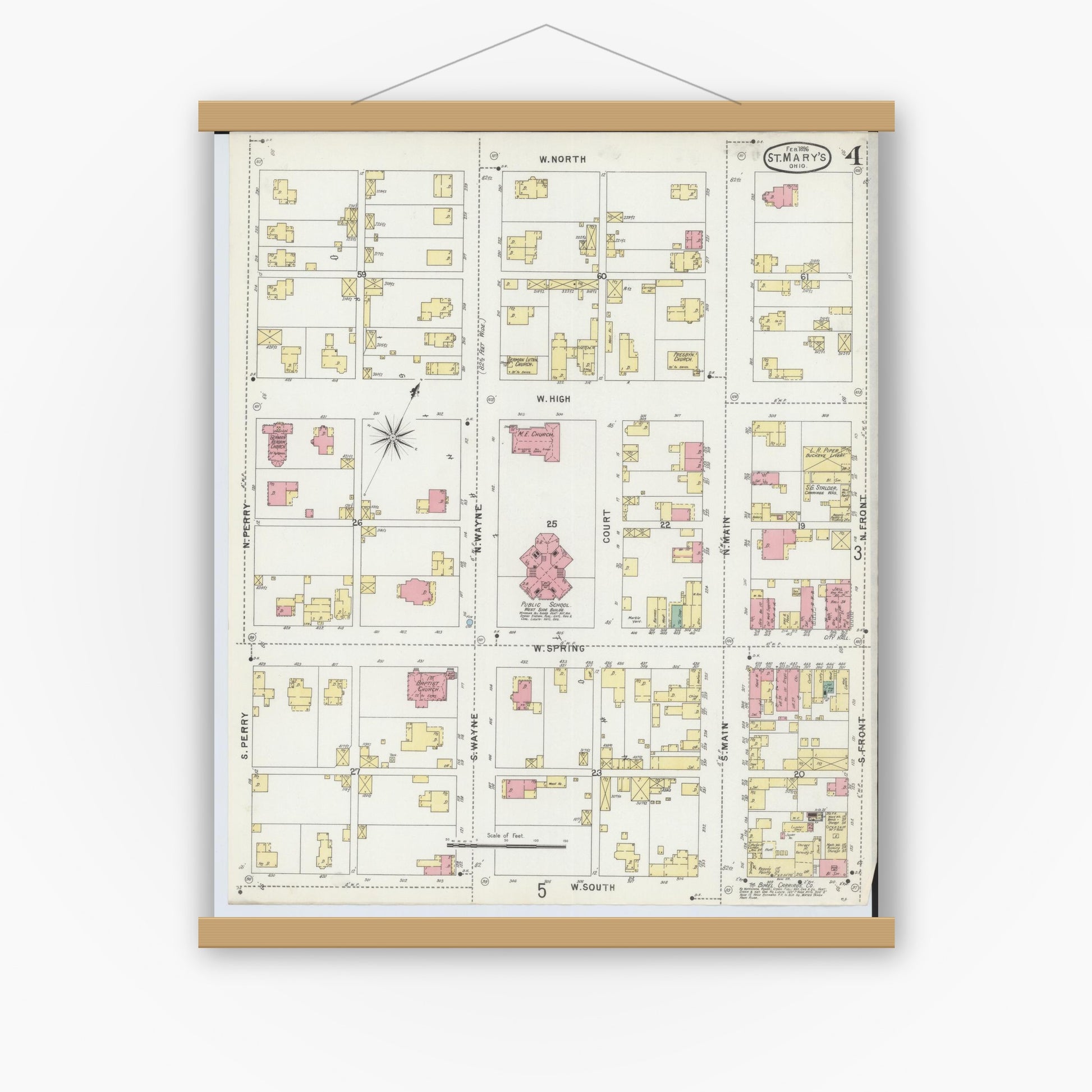 Old map wall art mockup — magnetic wood frame on white wall — Sanborn Fire Insurance Map from Saint Marys, Auglaize County, Ohio (1896), Sheet #0004