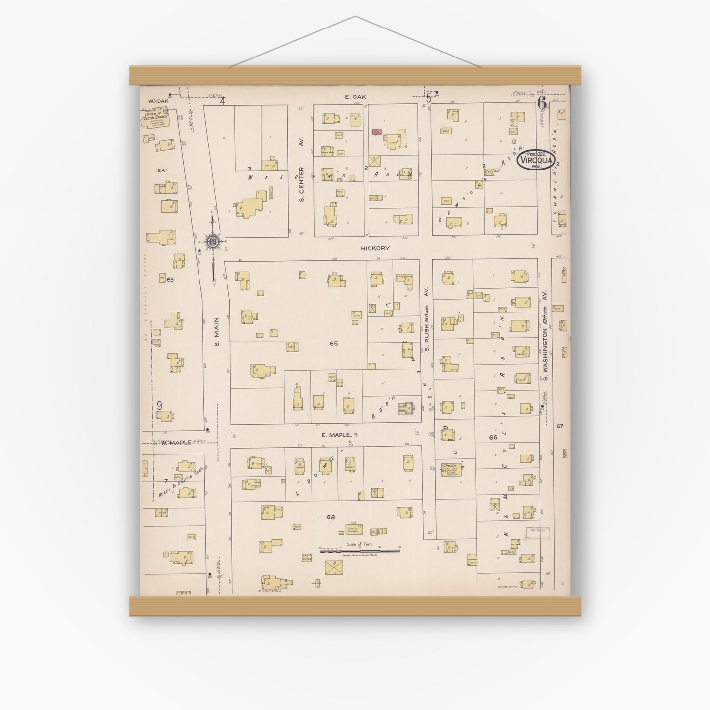 Old map wall art mockup — magnetic wood frame on white wall — Sanborn Fire Insurance Map from Viroqua, Vernon County, Wisconsin (1922), Sheet #0006