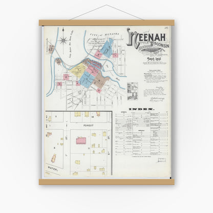 Old map wall art mockup — magnetic wood frame on white wall — Sanborn Fire Insurance Map from Neenah, Winnebago County, Wisconsin (1891) - Complete Map Set