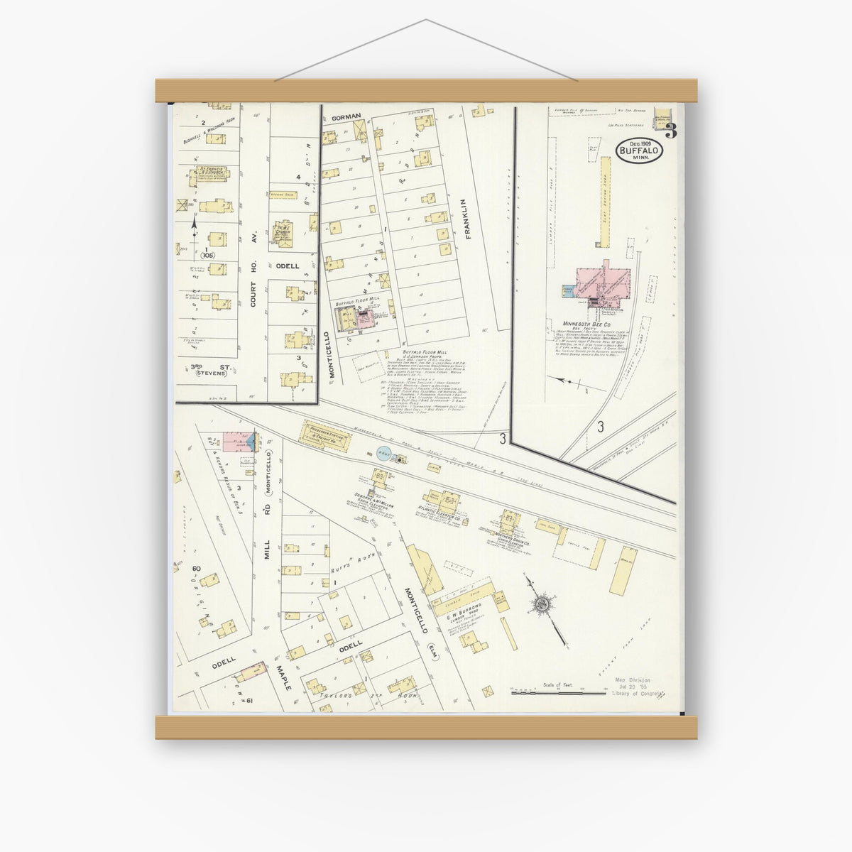 Old map wall art mockup — magnetic wood frame on white wall — Sanborn Fire Insurance Map from Buffalo, Wright County, Minnesota (1909), Sheet #0003