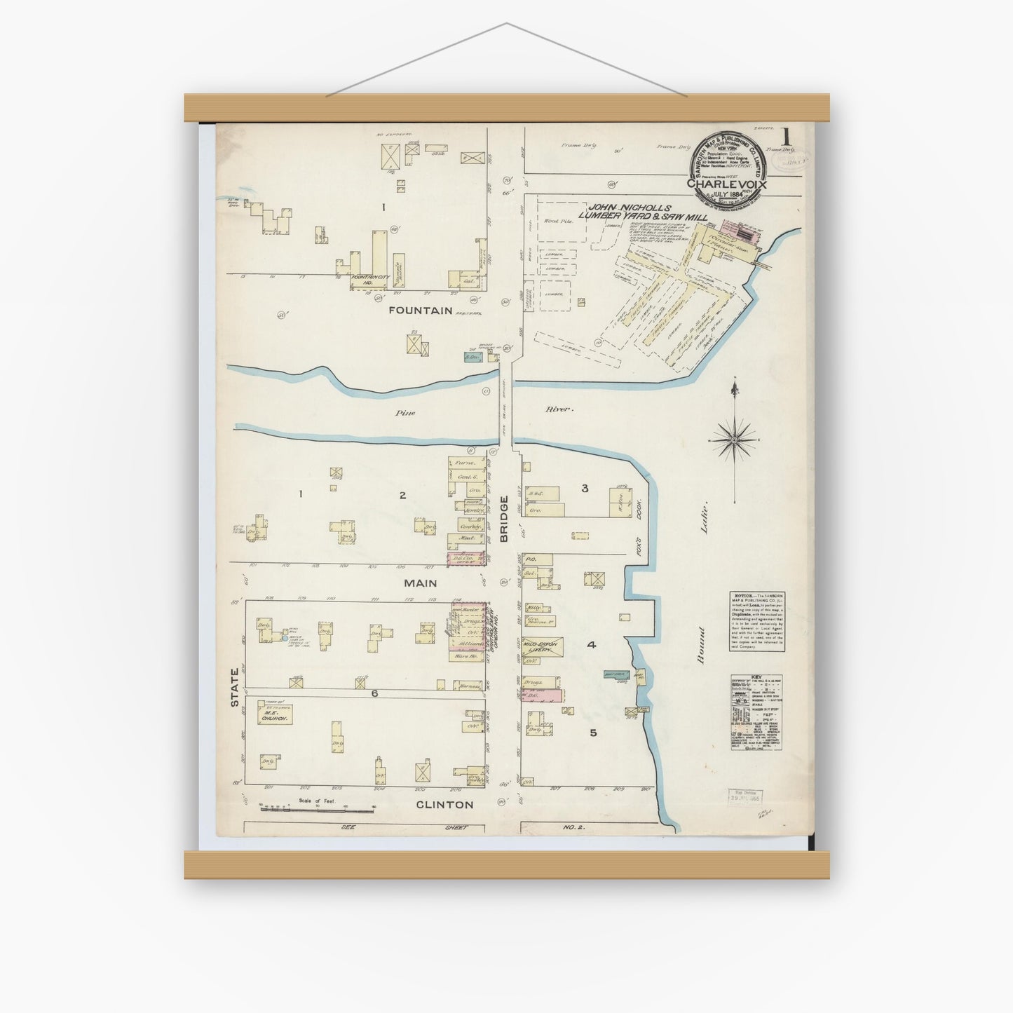 Old map wall art mockup — magnetic wood frame on white wall — Sanborn Fire Insurance Map from Charlevoix, Charlevoix County, Michigan (1884), Sheet #0001