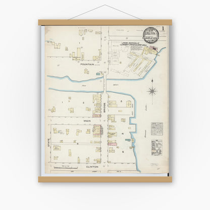 Old map wall art mockup — magnetic wood frame on white wall — Sanborn Fire Insurance Map from Charlevoix, Charlevoix County, Michigan (1884), Sheet #0001