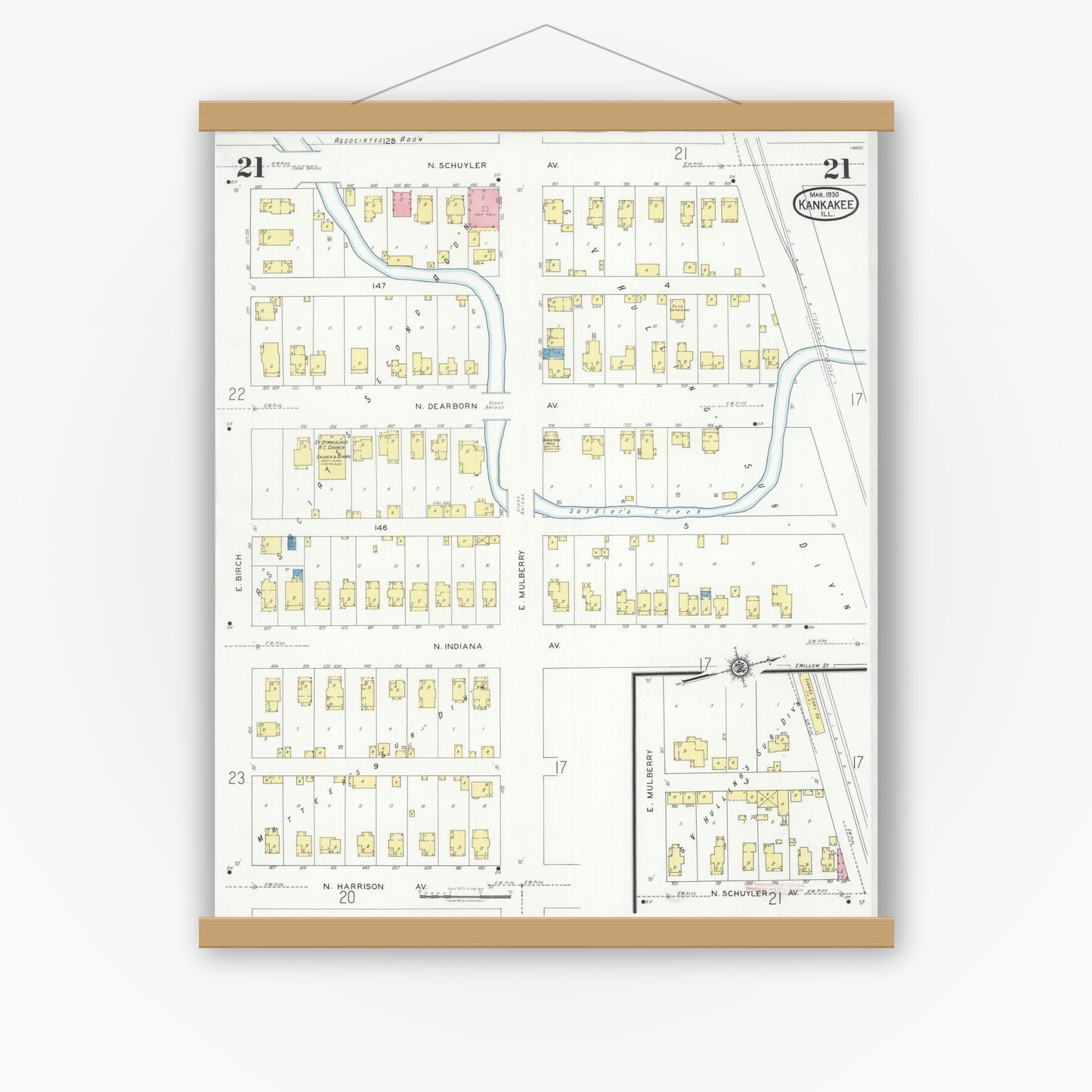 Old map wall art mockup — magnetic wood frame on white wall — Sanborn Fire Insurance Map from Kankakee, Kankakee County, Illinois (1930), Sheet #0021