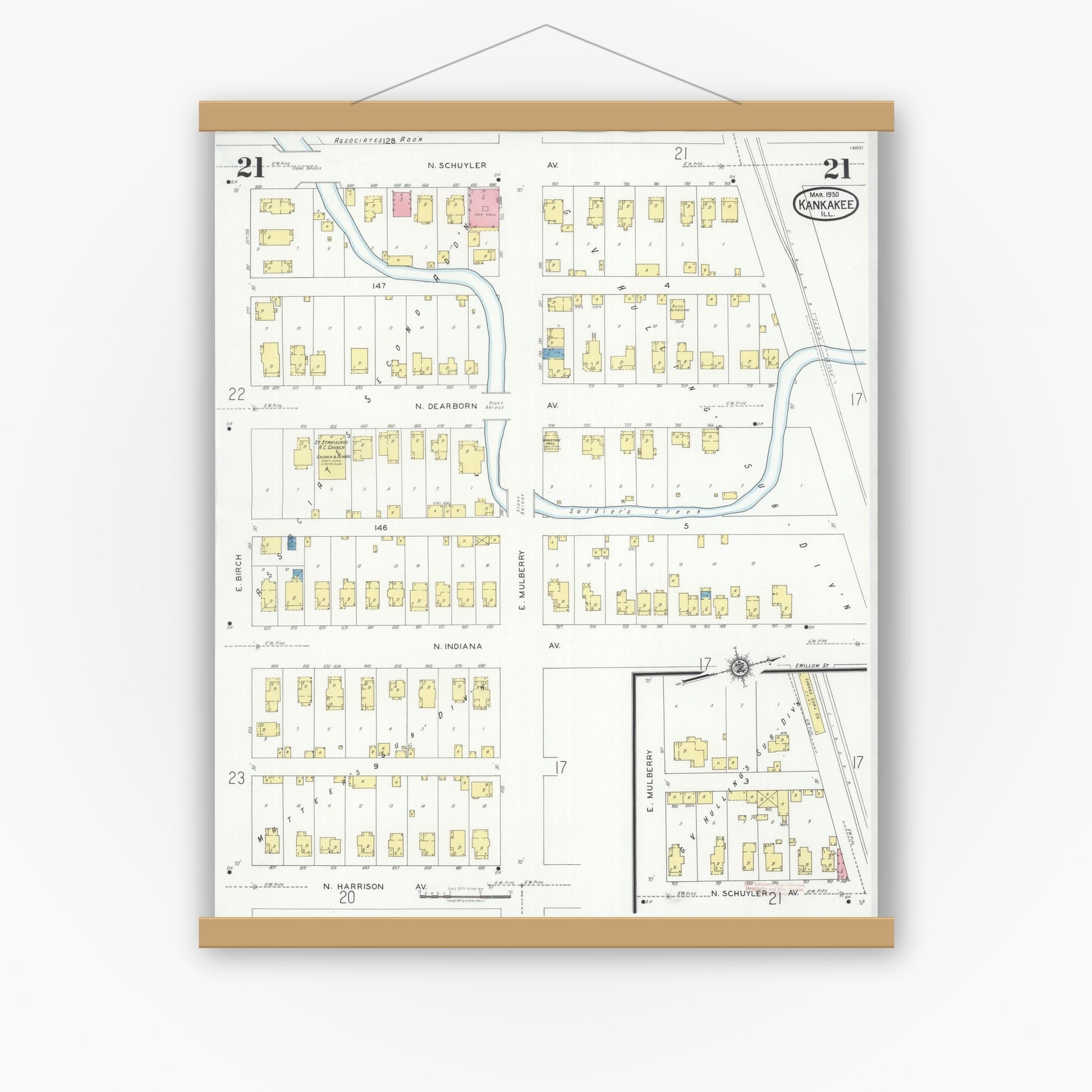 Old map wall art mockup — magnetic wood frame on white wall — Sanborn Fire Insurance Map from Kankakee, Kankakee County, Illinois (1930), Sheet #0021