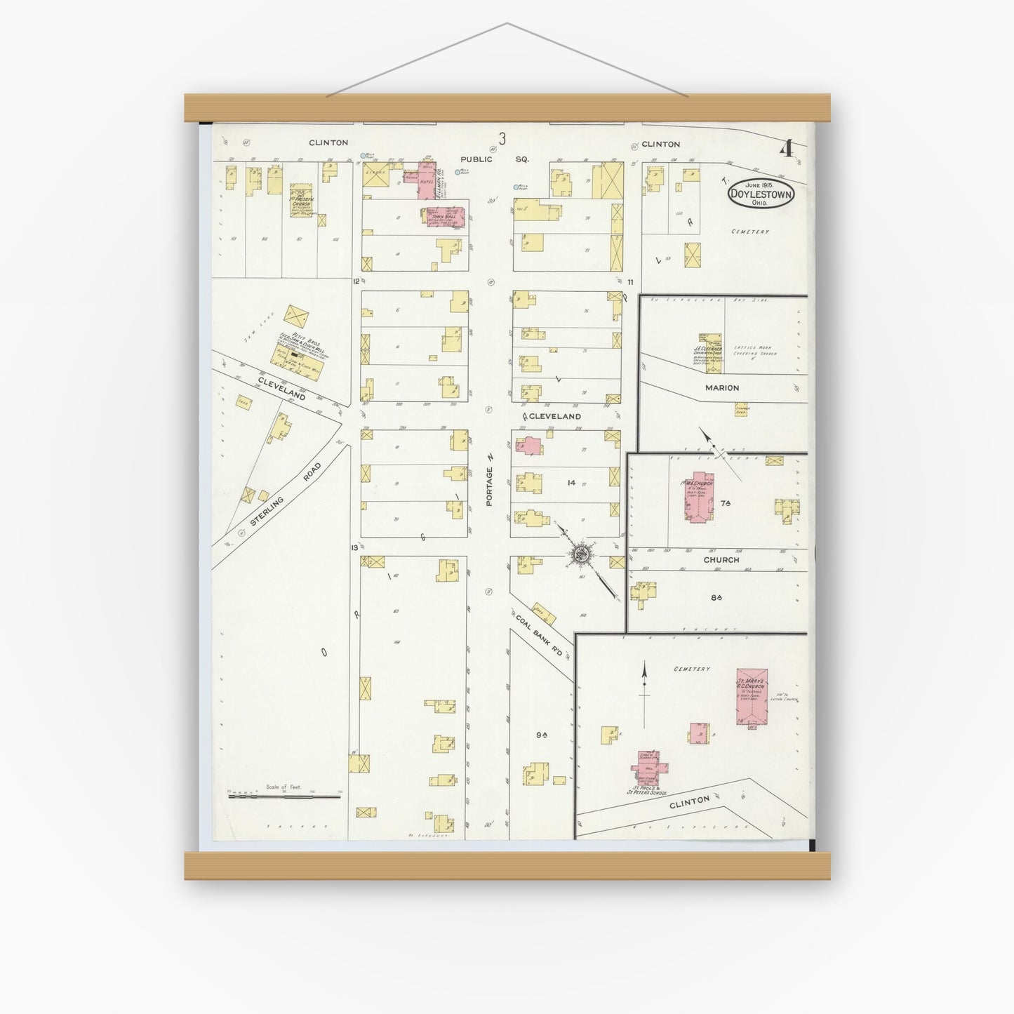 Old map wall art mockup — magnetic wood frame on white wall — Sanborn Fire Insurance Map from Doylestown, Wayne County, Ohio (1915), Sheet #0004