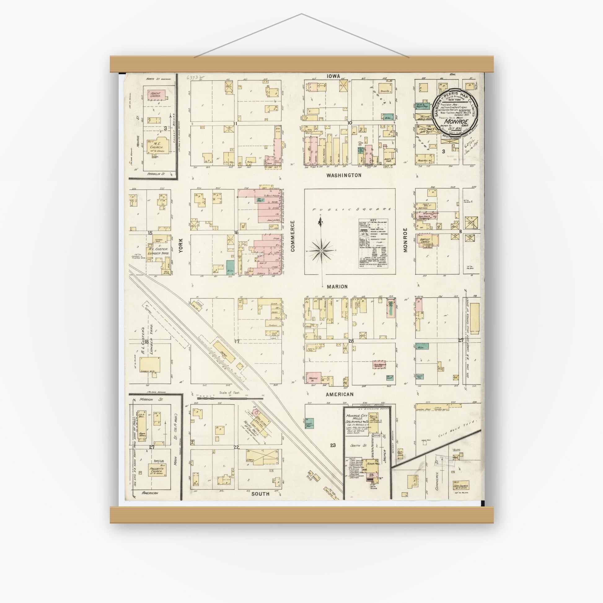 Old map wall art mockup — magnetic wood frame on white wall — Sanborn Fire Insurance Map from Monroe, Jasper County, Iowa (1895), Sheet #0001