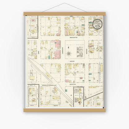 Old map wall art mockup — magnetic wood frame on white wall — Sanborn Fire Insurance Map from Monroe, Jasper County, Iowa (1895), Sheet #0001
