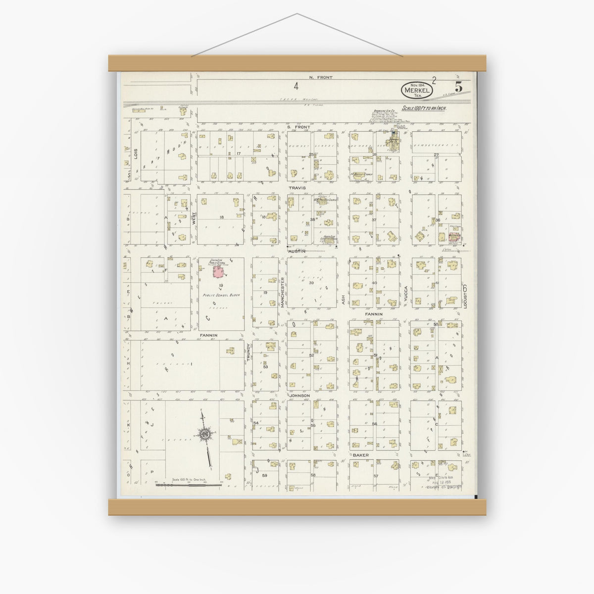 Old map wall art mockup — magnetic wood frame on white wall — Sanborn Fire Insurance Map from Merkel, Taylor County, Texas (1914), Sheet #0005