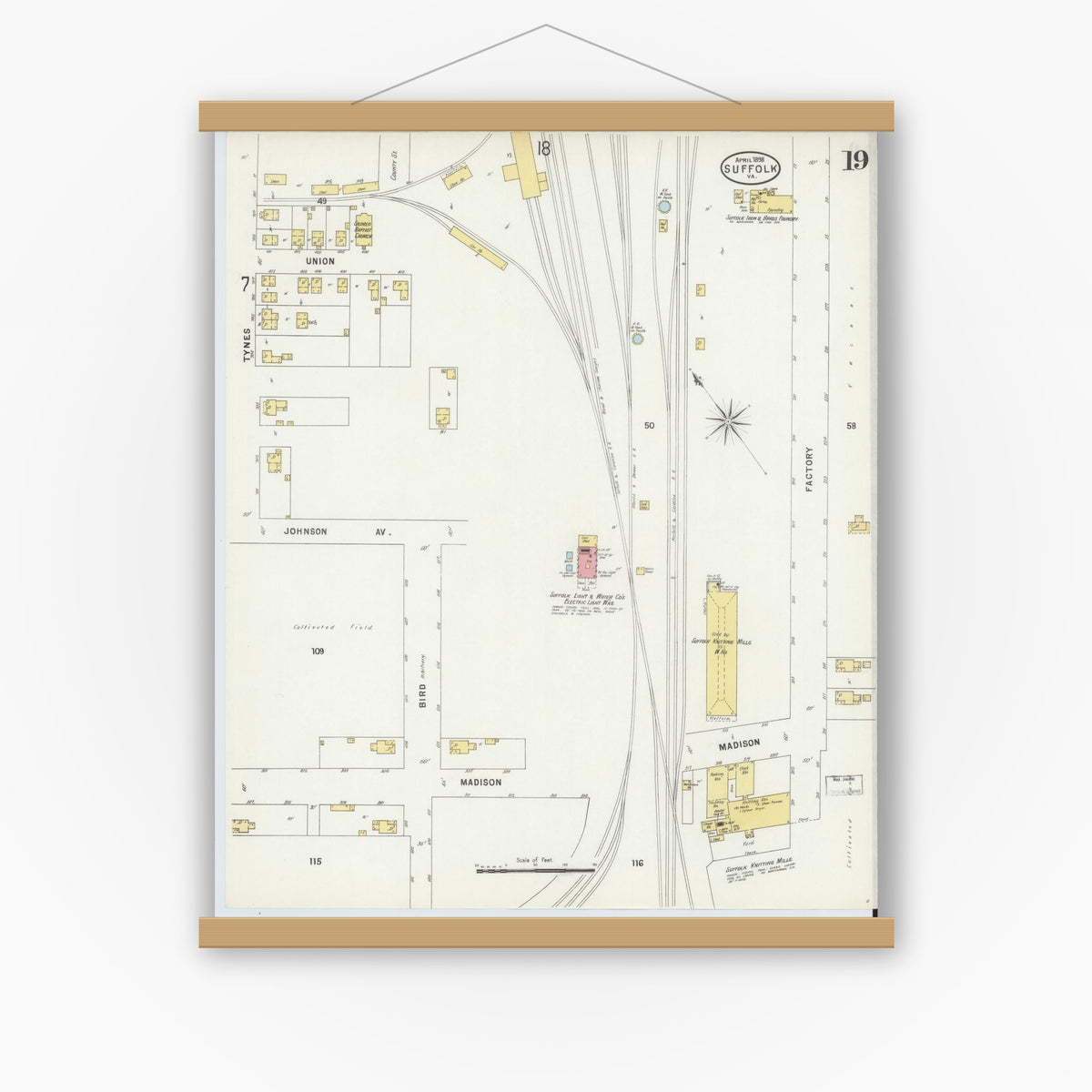 Old map wall art mockup — magnetic wood frame on white wall — Sanborn Fire Insurance Map from Suffolk, Independent Cities, Virginia (1898), Sheet #0019
