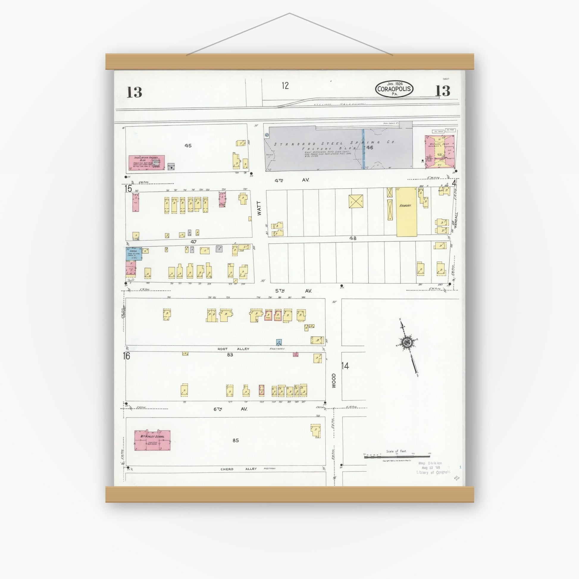Old map wall art mockup — magnetic wood frame on white wall — Sanborn Fire Insurance Map from Coraopolis, Allegheny County, Pennsylvania (1924), Sheet #0013