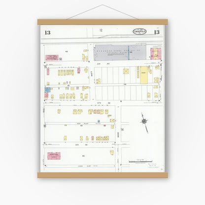 Old map wall art mockup — magnetic wood frame on white wall — Sanborn Fire Insurance Map from Coraopolis, Allegheny County, Pennsylvania (1924), Sheet #0013