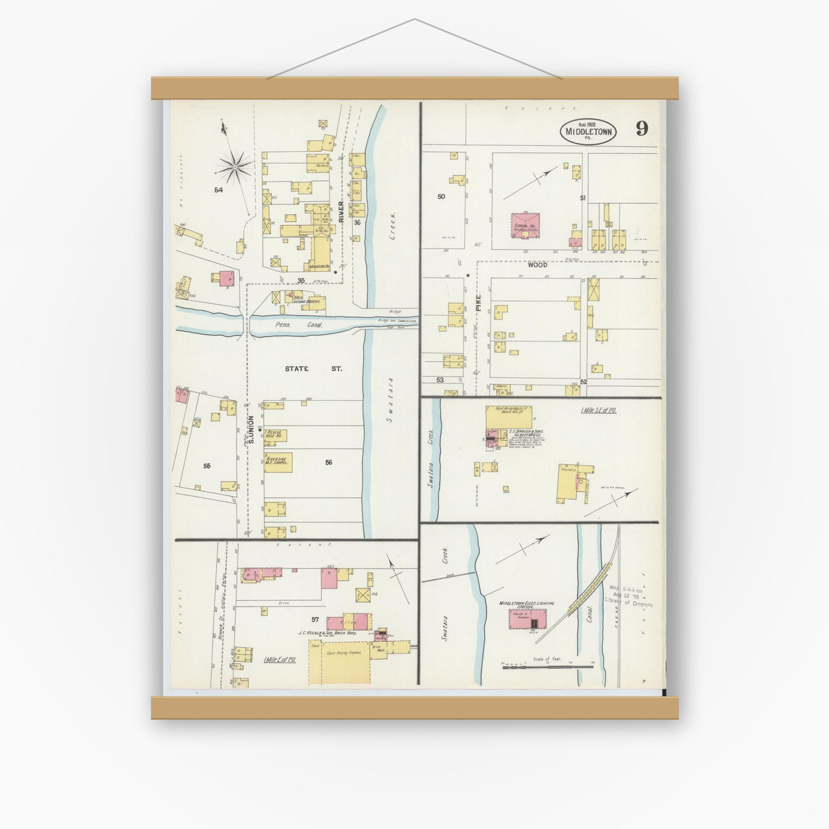Old map wall art mockup — magnetic wood frame on white wall — Sanborn Fire Insurance Map from Middletown, Dauphin County, Pennsylvania (1902), Sheet #0009