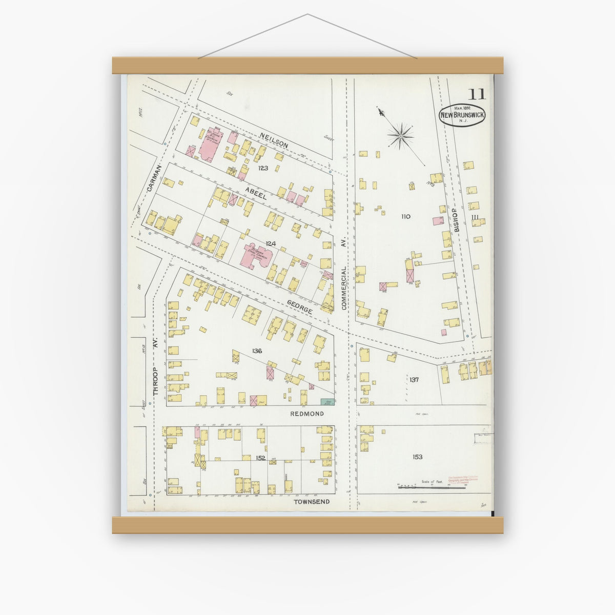 Old map wall art mockup — magnetic wood frame on white wall — Sanborn Fire Insurance Map from New Brunswick, Middlesex County, New Jersey (1892), Sheet #0011