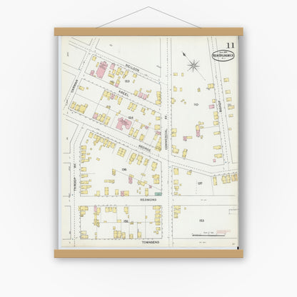 Old map wall art mockup — magnetic wood frame on white wall — Sanborn Fire Insurance Map from New Brunswick, Middlesex County, New Jersey (1892), Sheet #0011