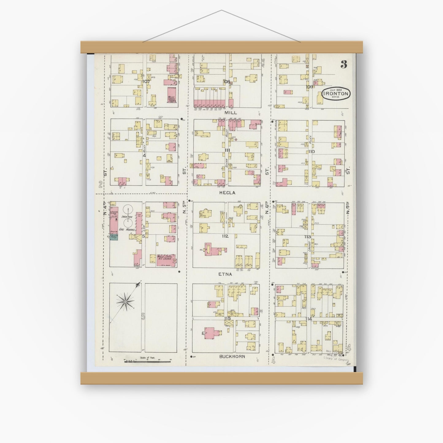 Old map wall art mockup — magnetic wood frame on white wall — Sanborn Fire Insurance Map from Ironton, Lawrence County, Ohio (1893), Sheet #0003