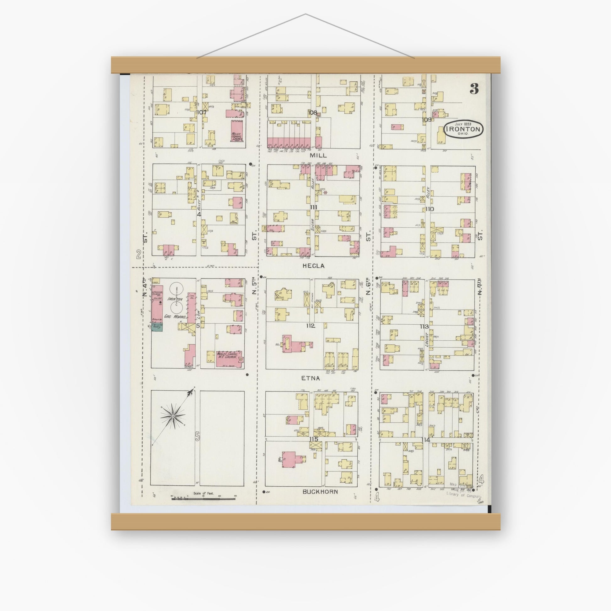 Old map wall art mockup — magnetic wood frame on white wall — Sanborn Fire Insurance Map from Ironton, Lawrence County, Ohio (1893), Sheet #0003