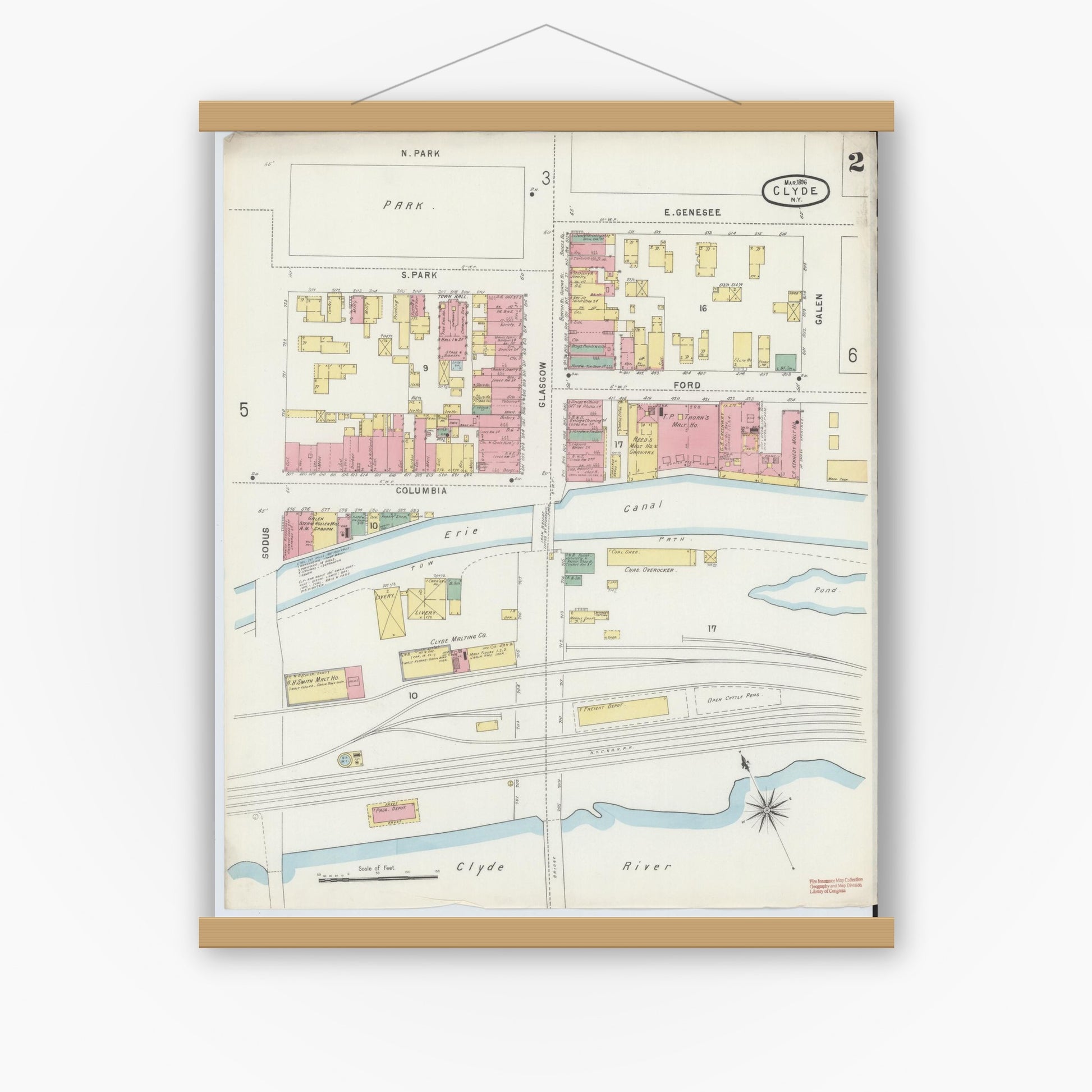 Old map wall art mockup — magnetic wood frame on white wall — Sanborn Fire Insurance Map from Clyde, Wayne County, New York (1896), Sheet #0002