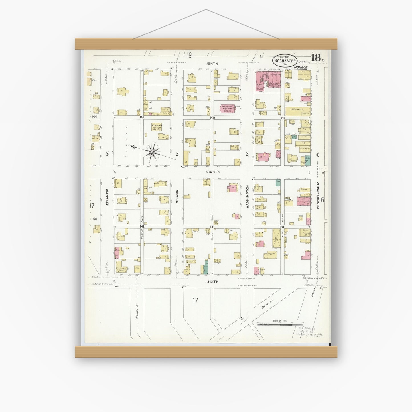 Old map wall art mockup — magnetic wood frame on white wall — Sanborn Fire Insurance Map from Rochester, Beaver County, Pennsylvania (1908), Sheet #0017