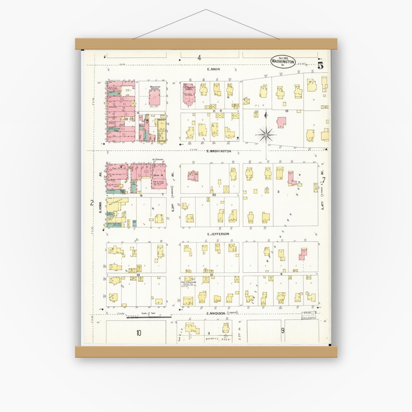 Old map wall art mockup — magnetic wood frame on white wall — Sanborn Fire Insurance Map from Washington, Washington County, Iowa (1902), Sheet #0005