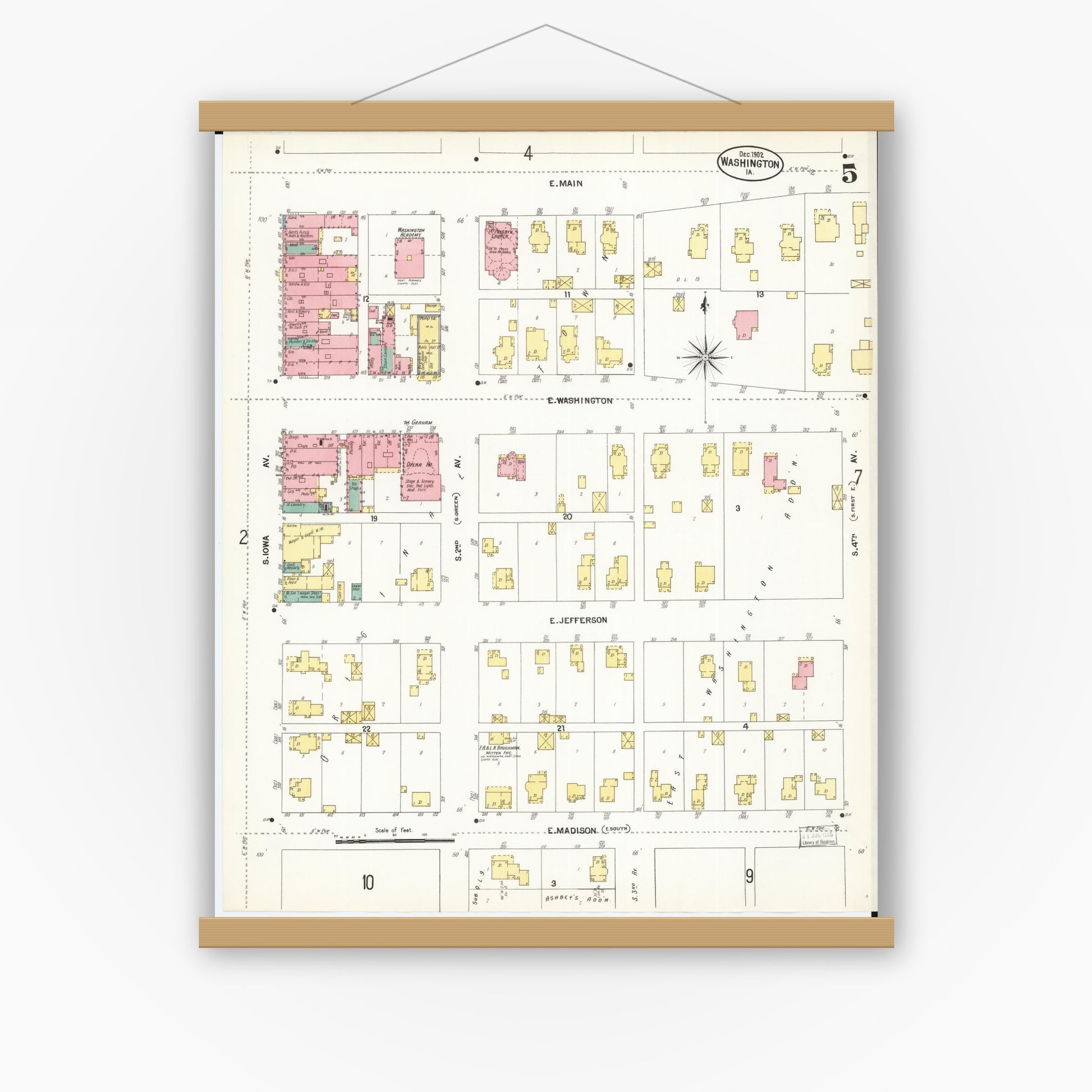 Old map wall art mockup — magnetic wood frame on white wall — Sanborn Fire Insurance Map from Washington, Washington County, Iowa (1902), Sheet #0005