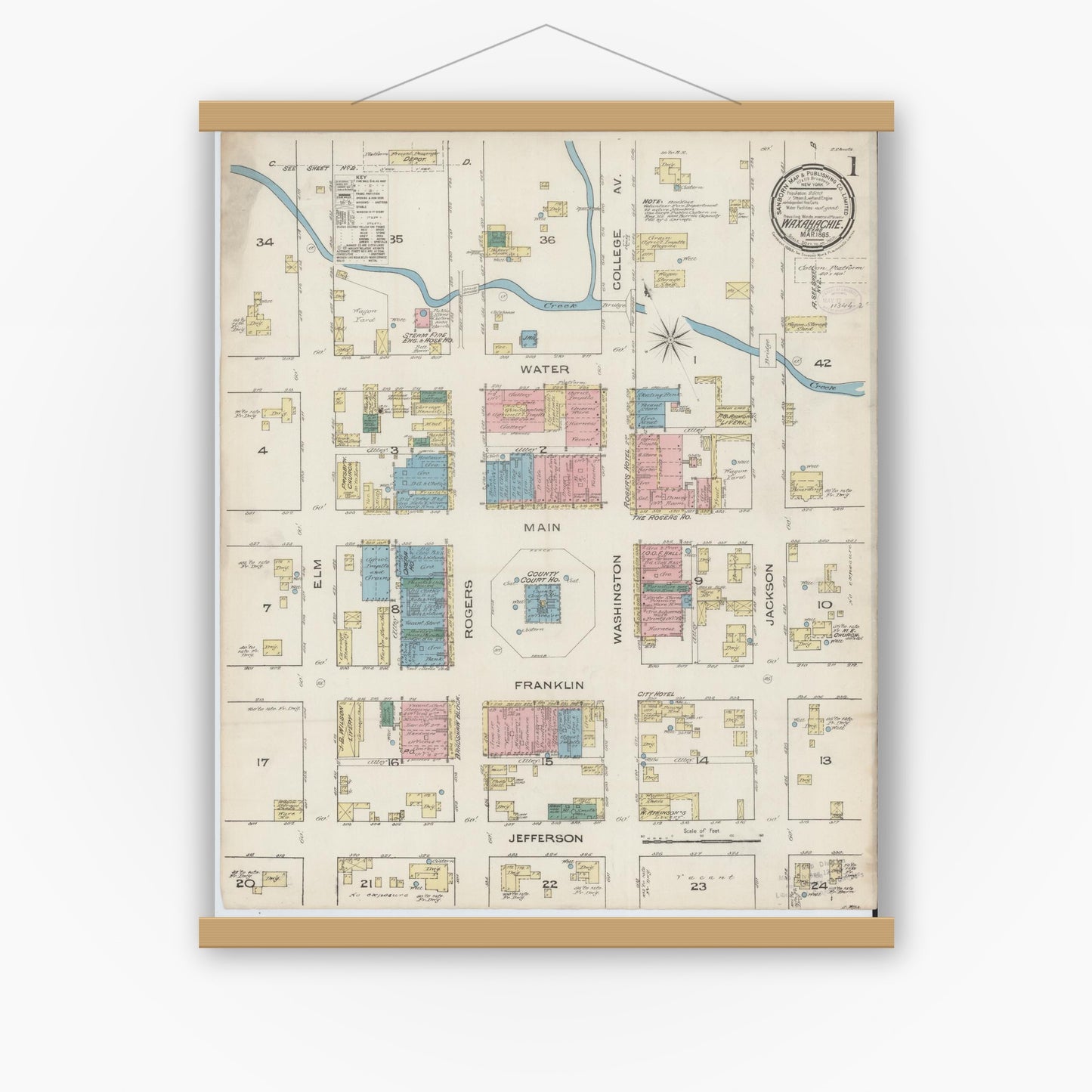 Old map wall art mockup — magnetic wood frame on white wall — Sanborn Fire Insurance Map from Waxahachie, Ellis County, Texas (1885) - Complete Map Set