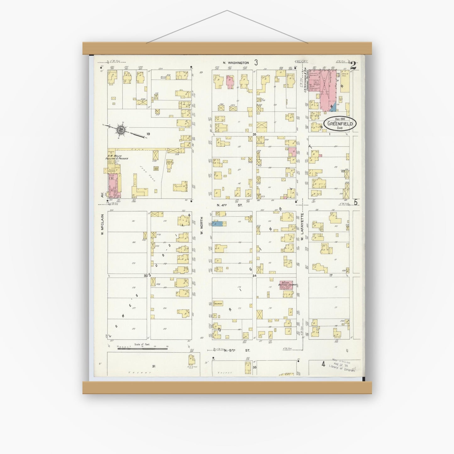 Old map wall art mockup — magnetic wood frame on white wall — Sanborn Fire Insurance Map from Greenfield, Highland County, Ohio (1910), Sheet #0002